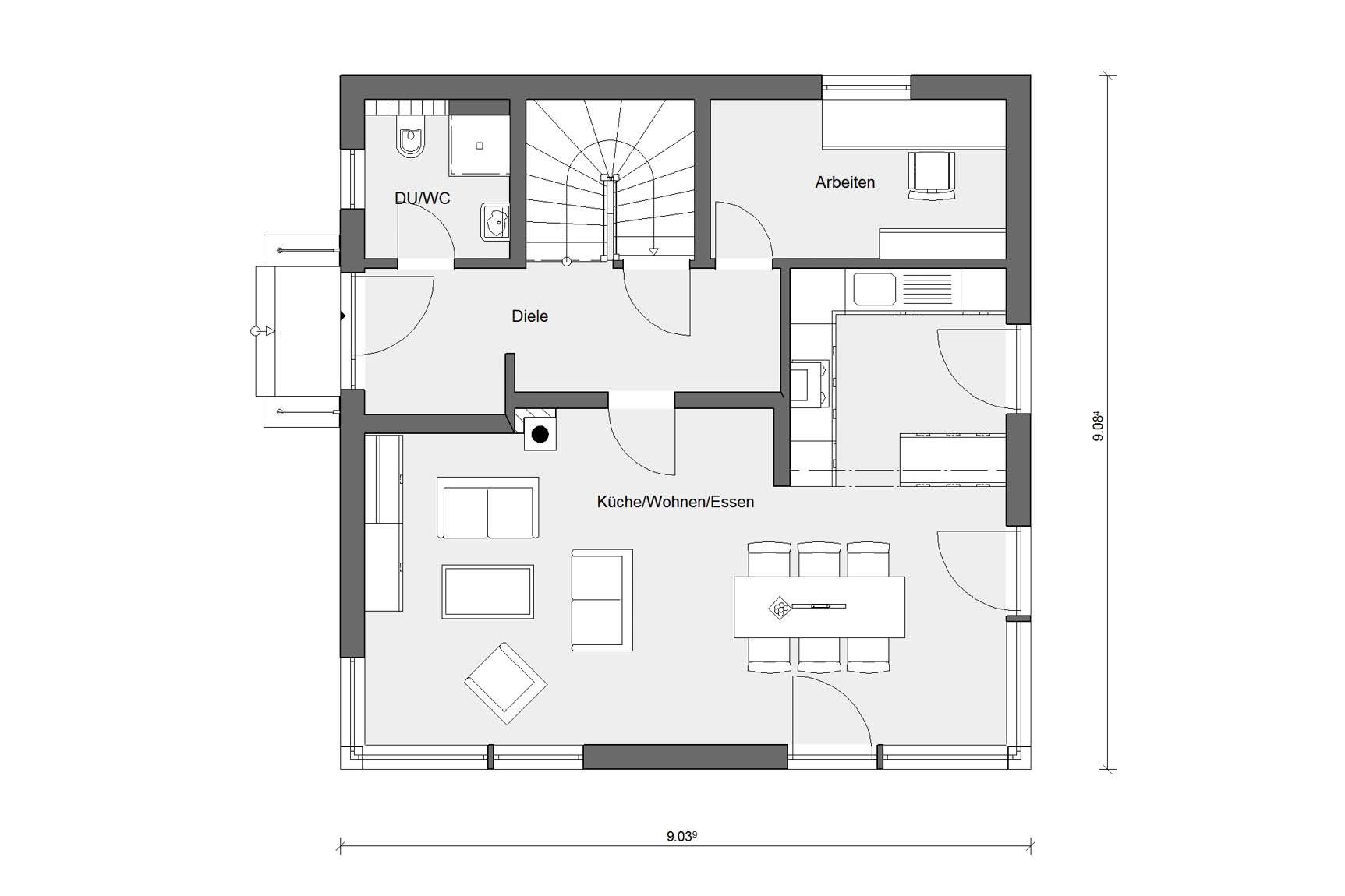 Floor plan ground floor prefabricated house with tent roof E 20-135.1