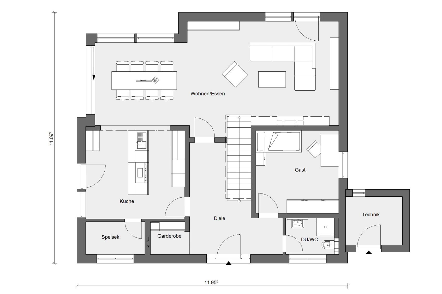 Grundriss Erdgeschoss Bauhausstil mit Pultdach