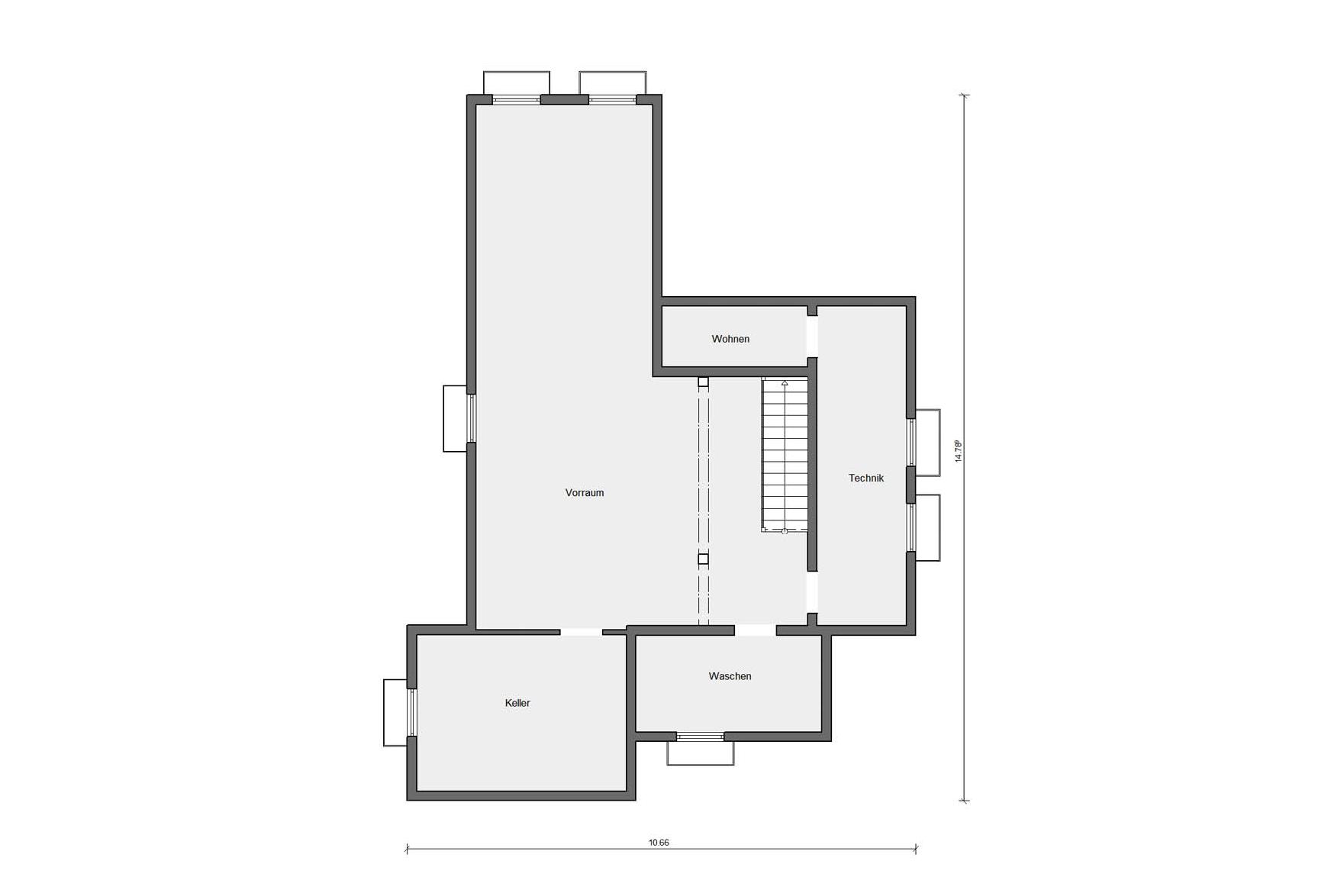 [Translate to Français:] Grundriss Kellergeschoss Einfamilienhaus Bauhausstil mit Flachdach E 20-207.1