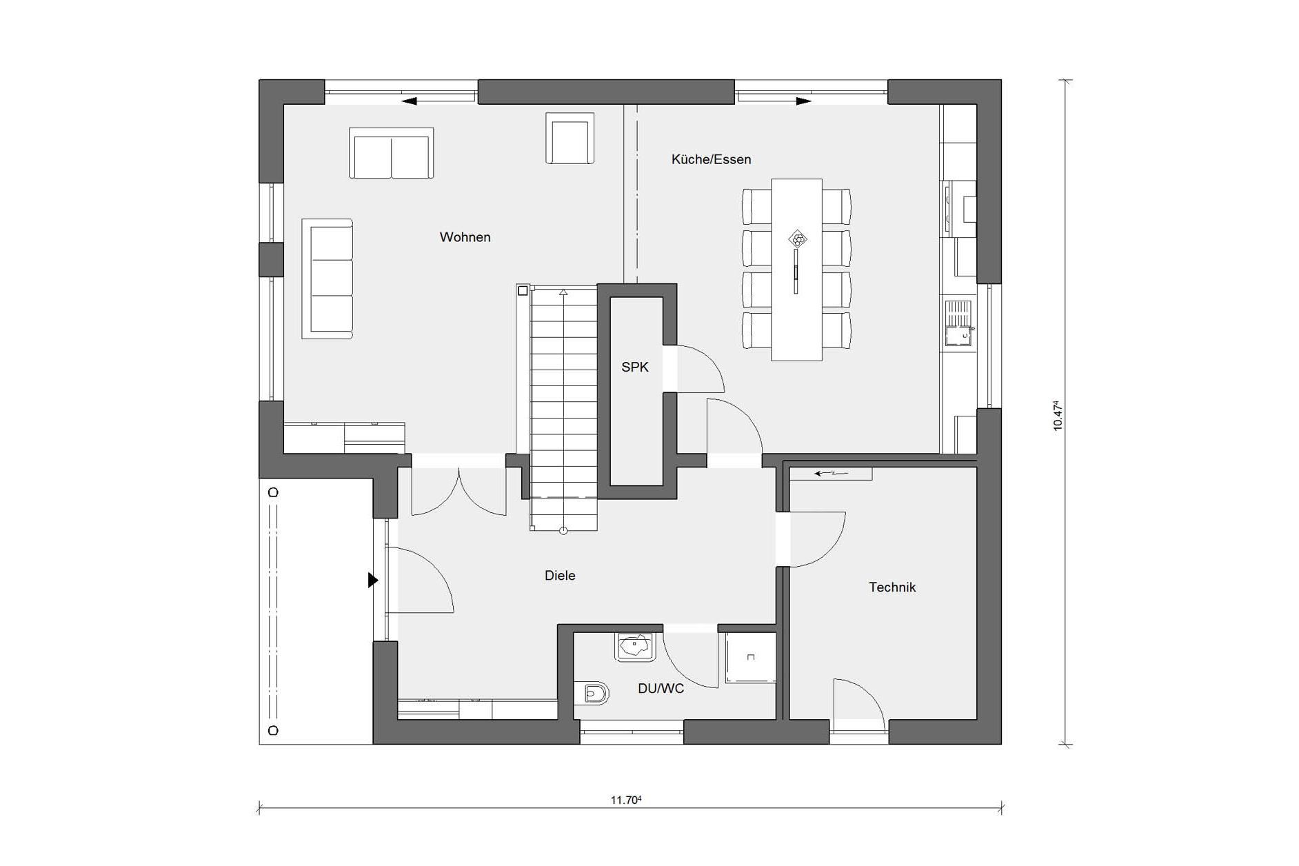 Grundriss Erdgeschoss Fertighaus im Landhausstil E 20-185.1