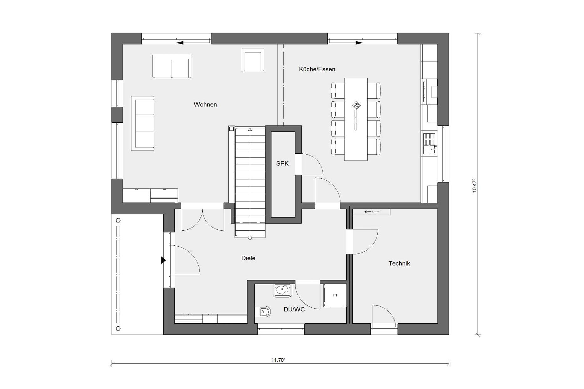 Pianta pianterreno casa prefabbricata di Schwörer-Haus a Poing vicino Monaco