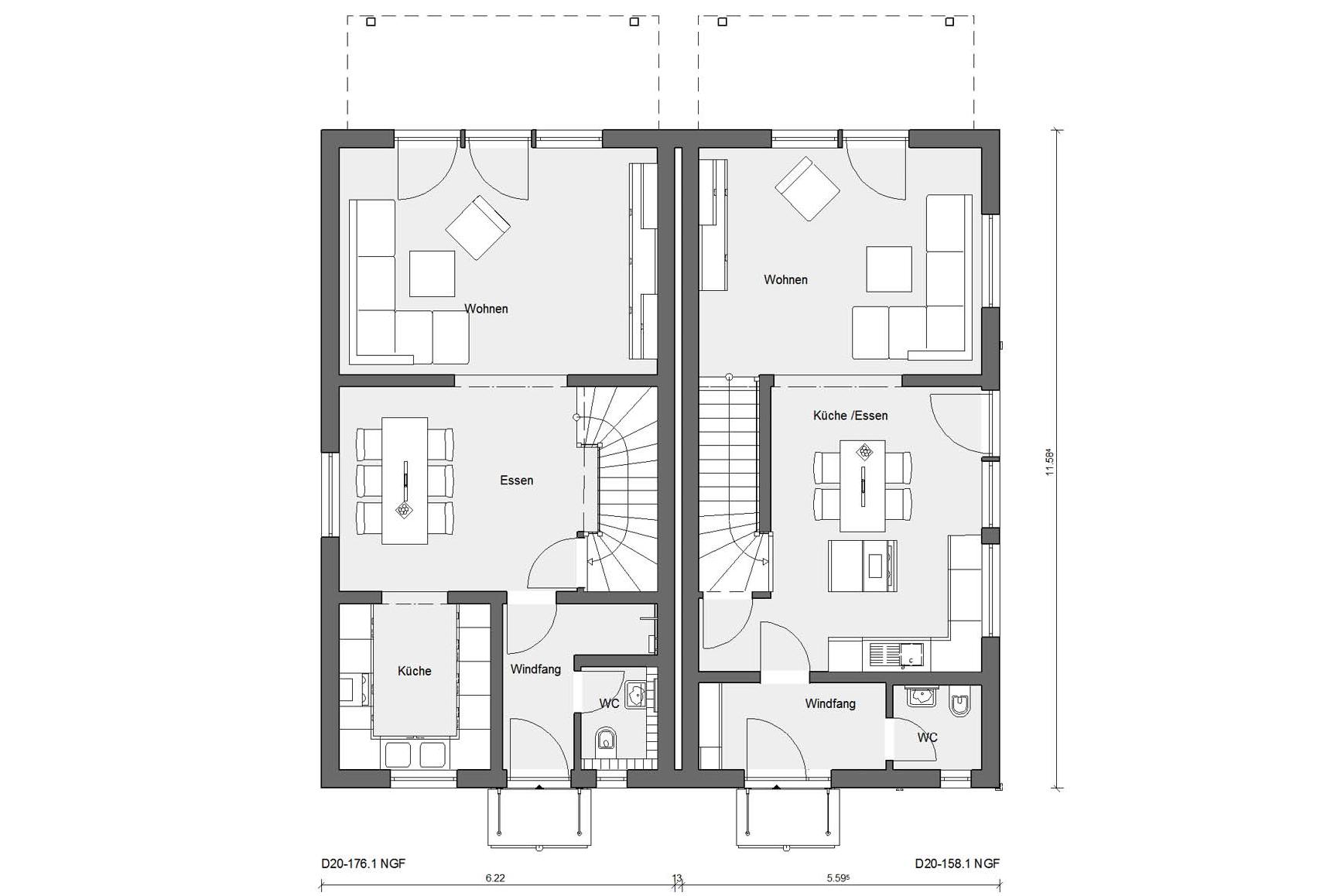 Grundriss Erdgeschoss D 20-176.1/ 20-158.1 Doppelhaus dreigeschossig 
