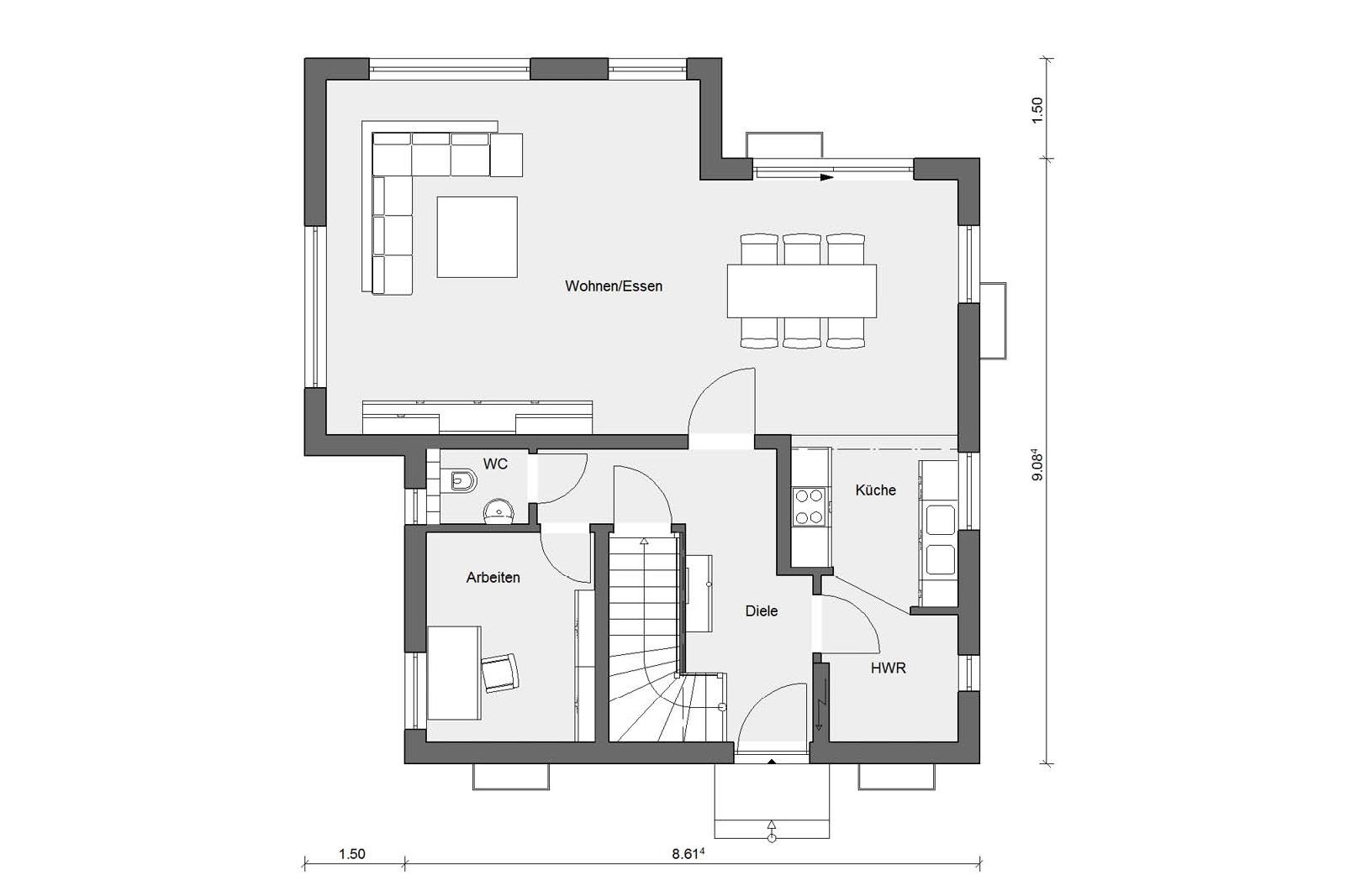 Grundriss Erdgeschoss E 20-142.3 Fertighaus im Bauhausstil