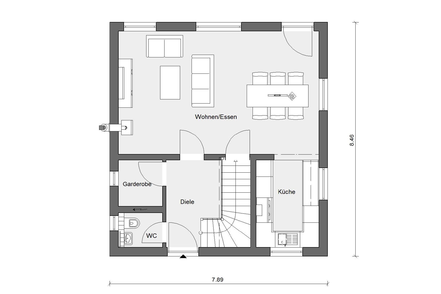 Grundriss Erdgeschoss E 15-108.6 Haus mit überdachter Terrasse