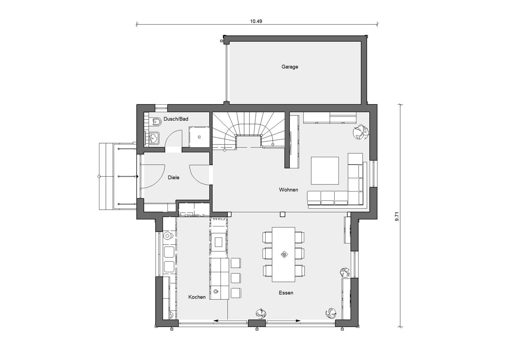 Erdgeschoss Grundriss Fertighaus mit Holz E 15-154.1