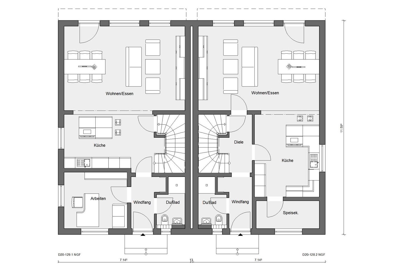 Grundriss Erdgeschoss D 20-129.1/ D 20-128.2 Doppelhaus mit Flachdach