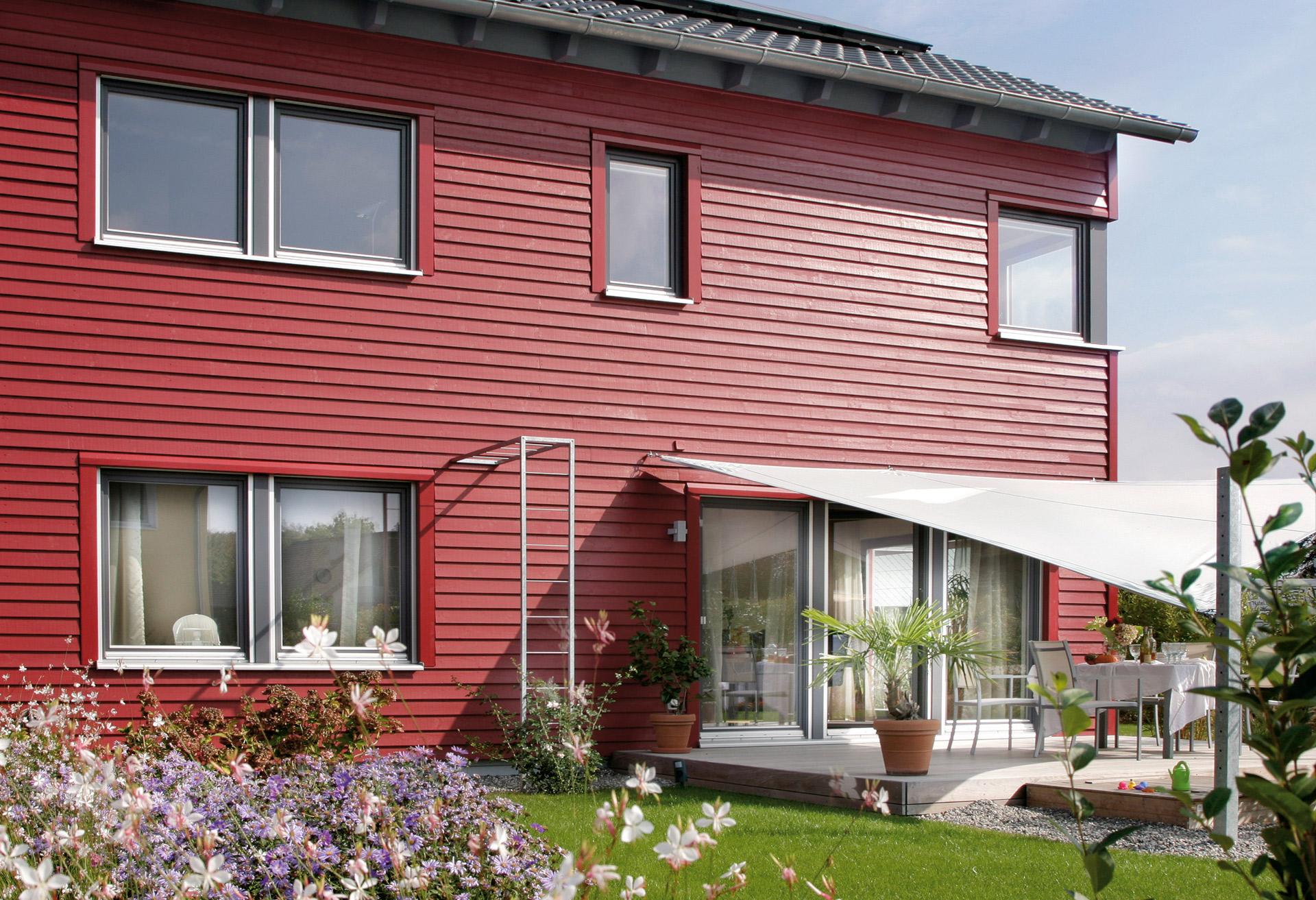 Red house with awning