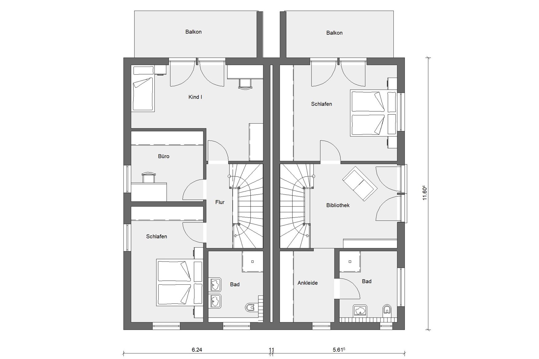 Grundriss Obergeschoss Doppelhaus dreigeschossig