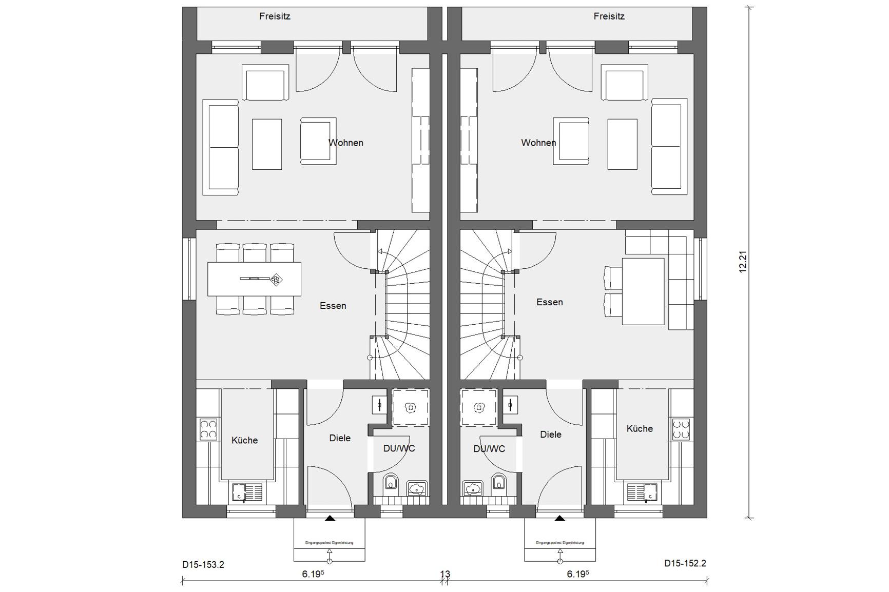 Grundriss Erdgeschoss D 15-153.2/D 15-152.2 Modernes Doppelhaus