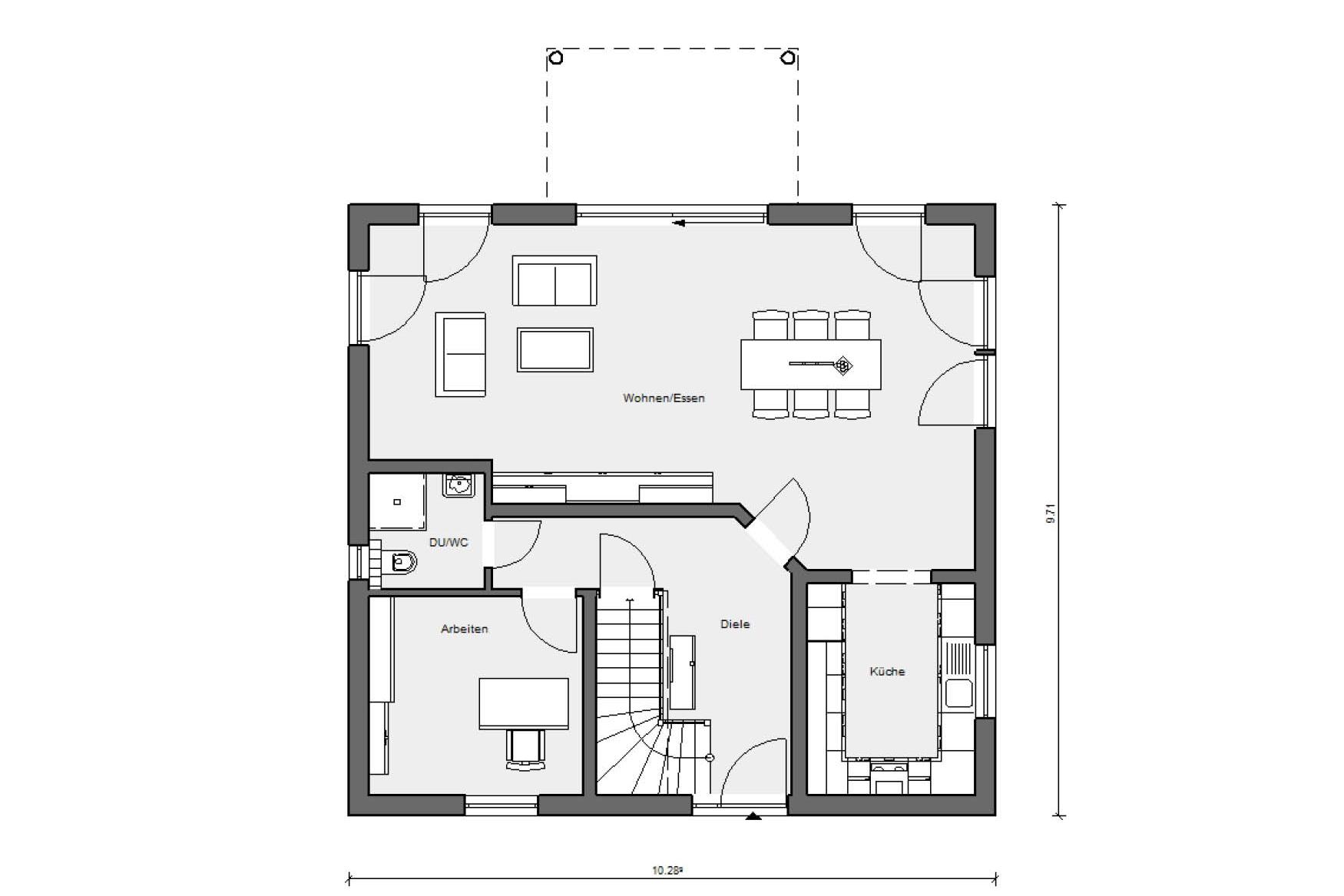 Grundriss Erdgeschoss E 15-167.1 Haus mit Satteldachgaube und Balkon