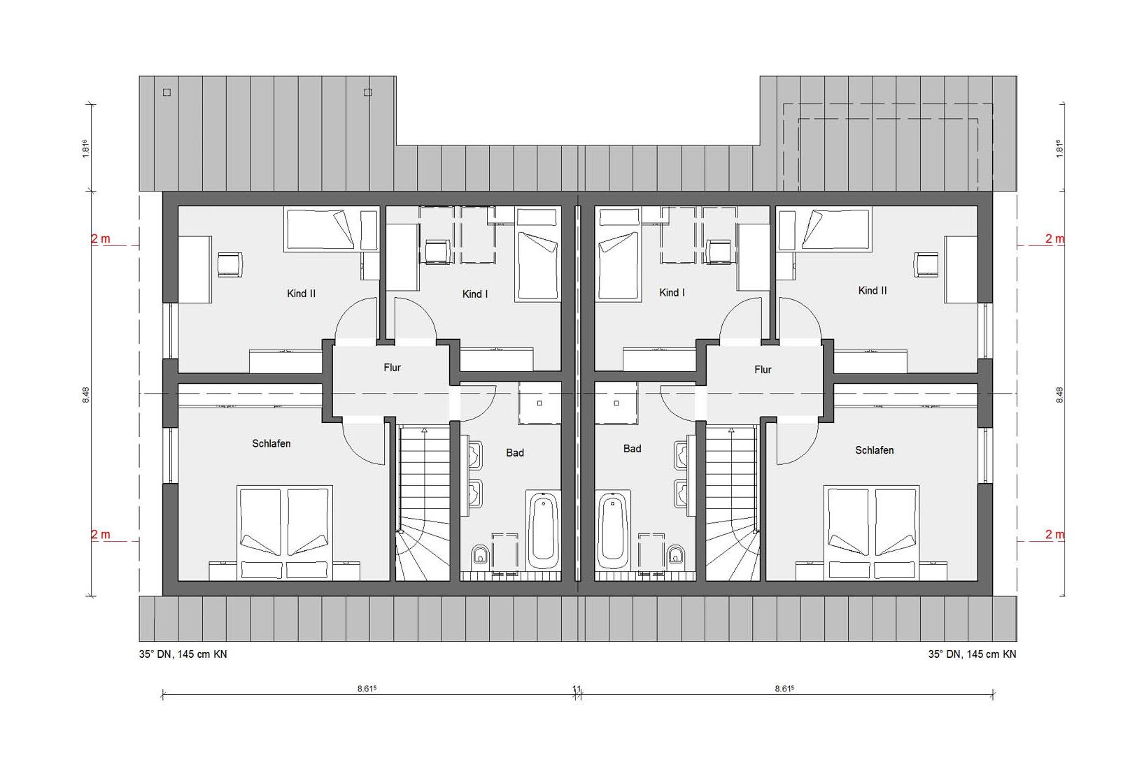 Grundriss Dachgeschoss D 15-118.1/ D 15-124.2 Doppelhaus Fertighaus