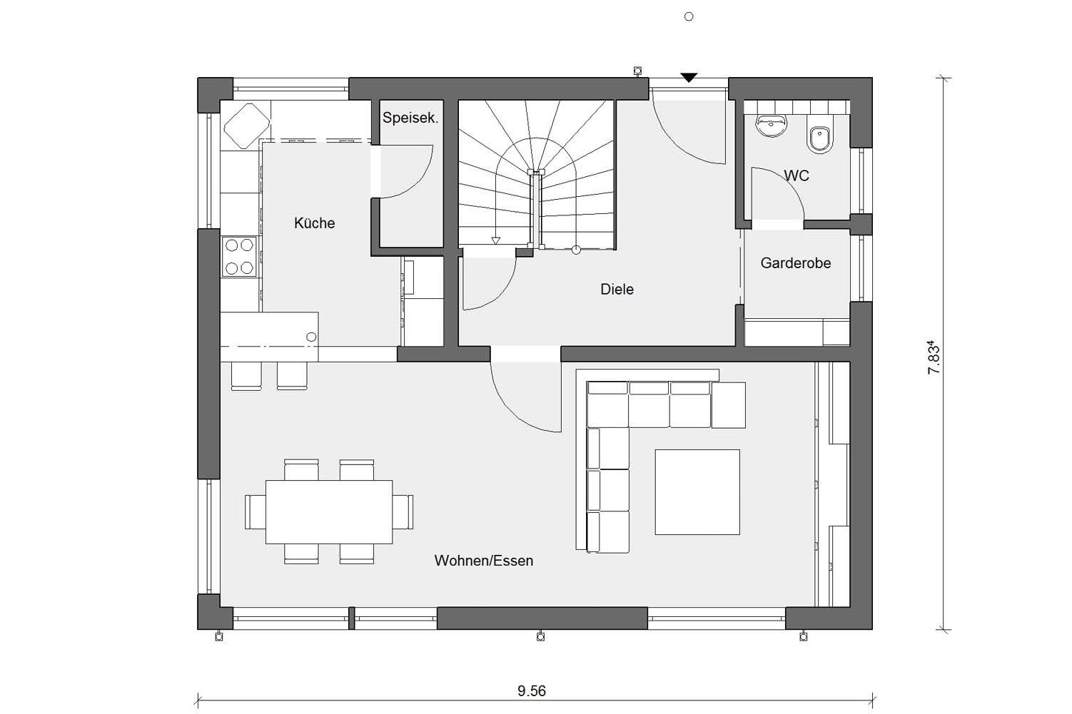 [Translate to Français:] Erdgeschoss Grundriss E 15-123.4 kompaktes Einfamilienhaus