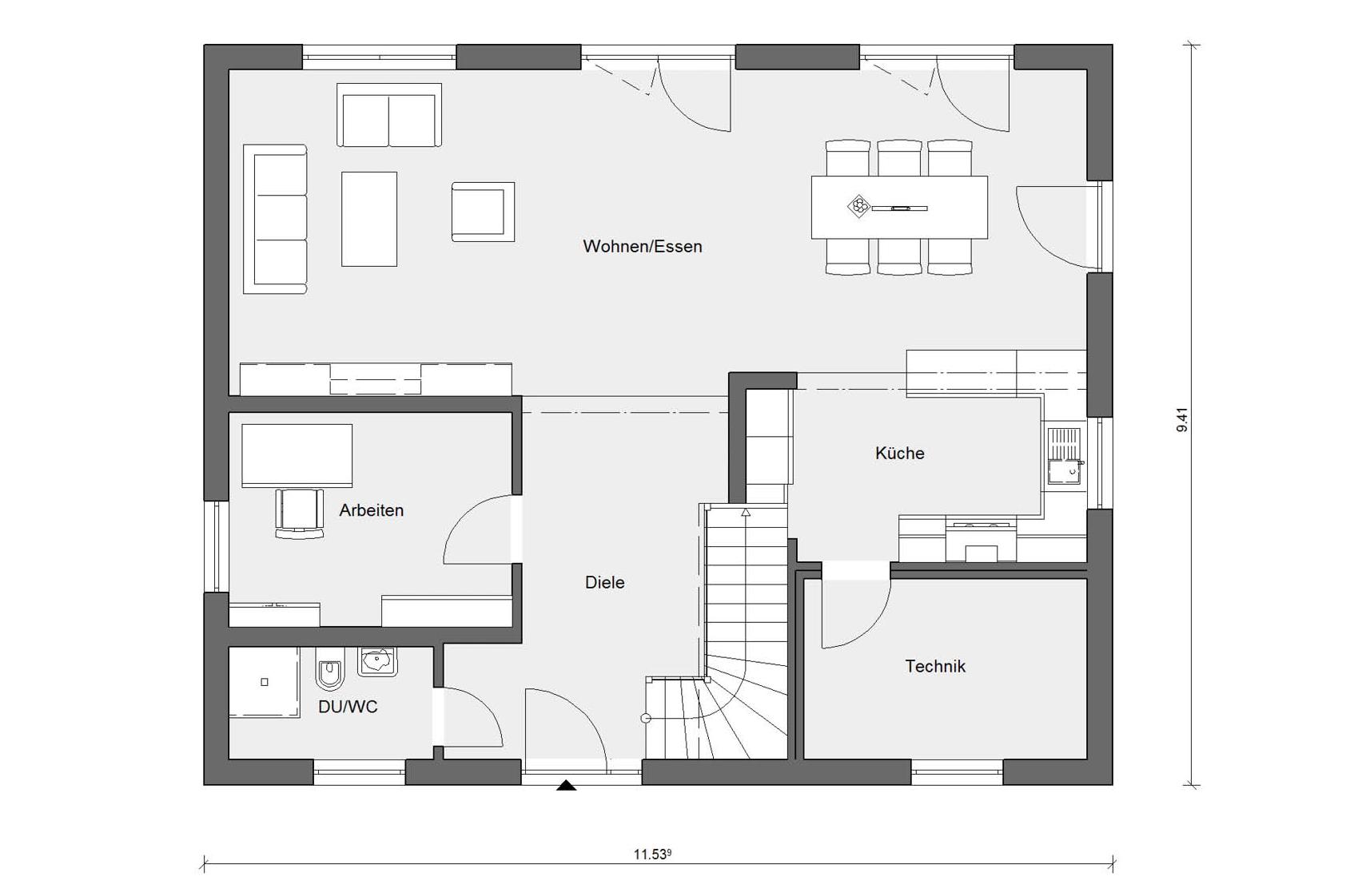 Grundriss Erdgeschoss E 15-181.1 Klassisches Satteldach-Haus