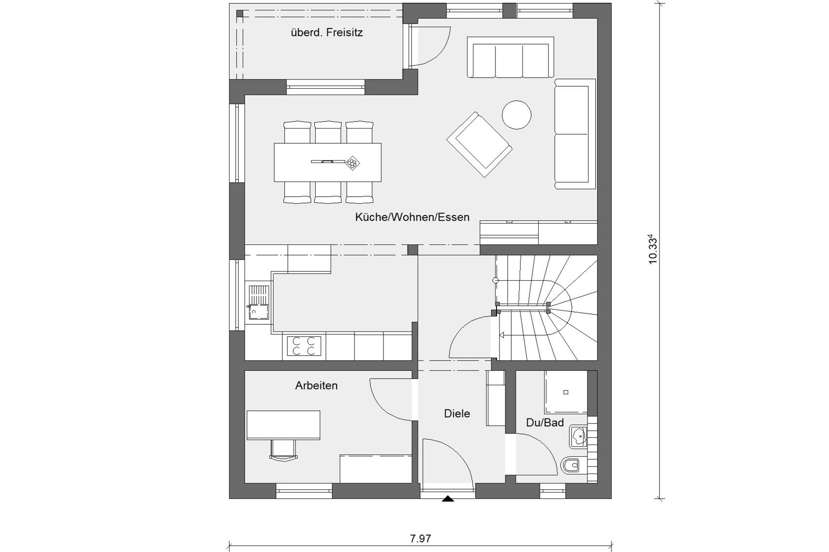 Erdgeschoss Grundriss Doppelhaus mit überdachtem Freisitz