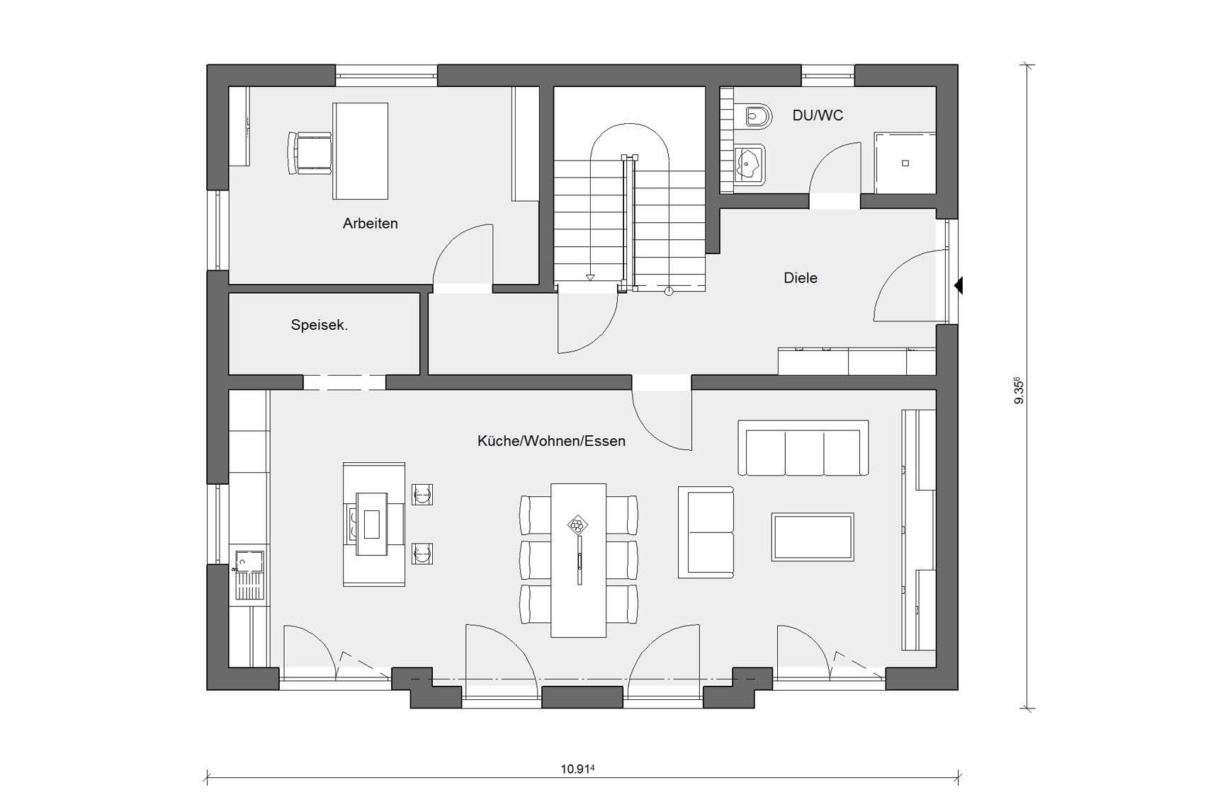 Grundriss Erdgeschoss E 15-168.3 Modernes Fertighaus mit Flachdachgaube