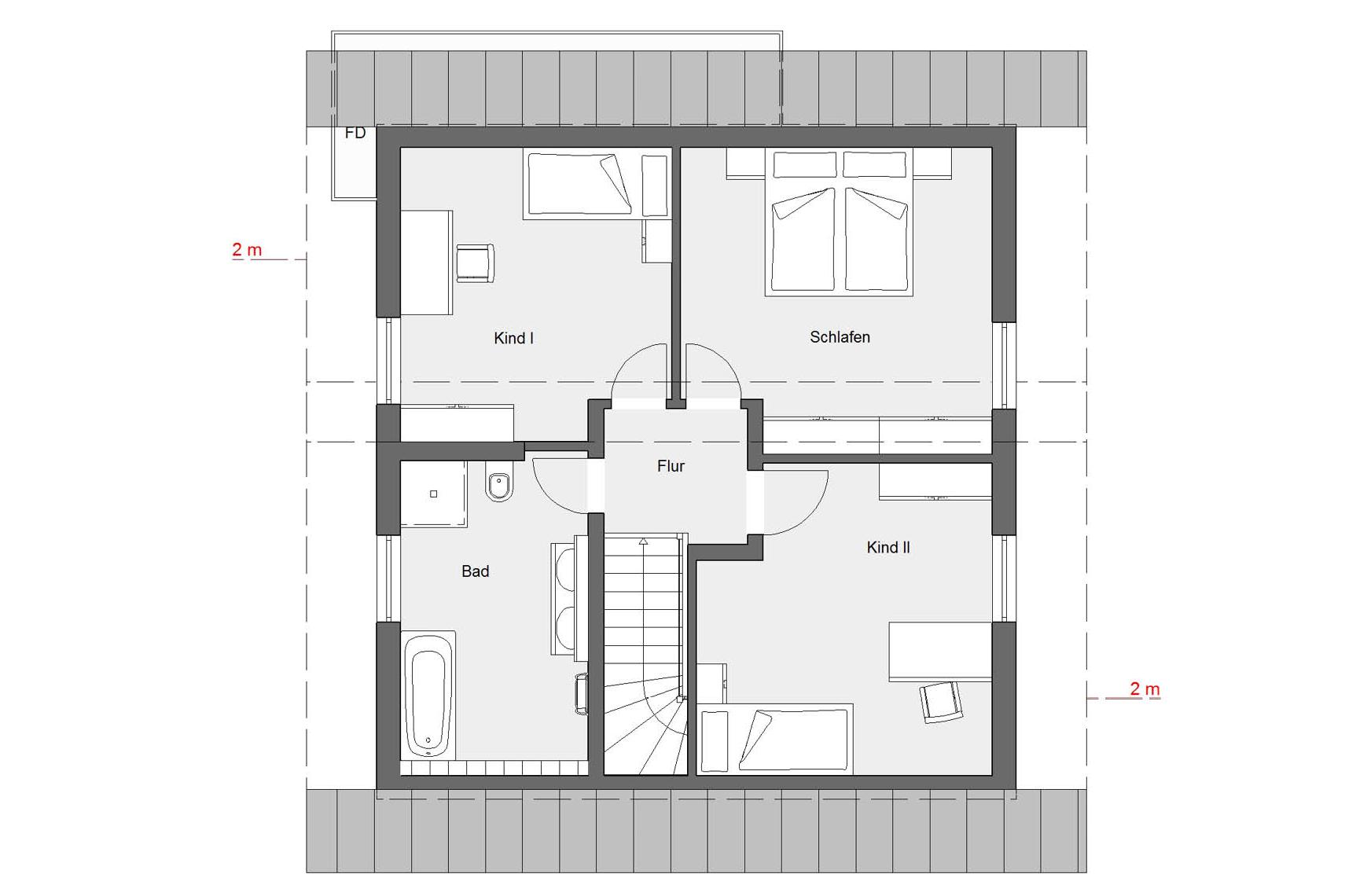 Dachgeschoss Grundriss E 15-128.3 Häuser mit versetztem Pultdach