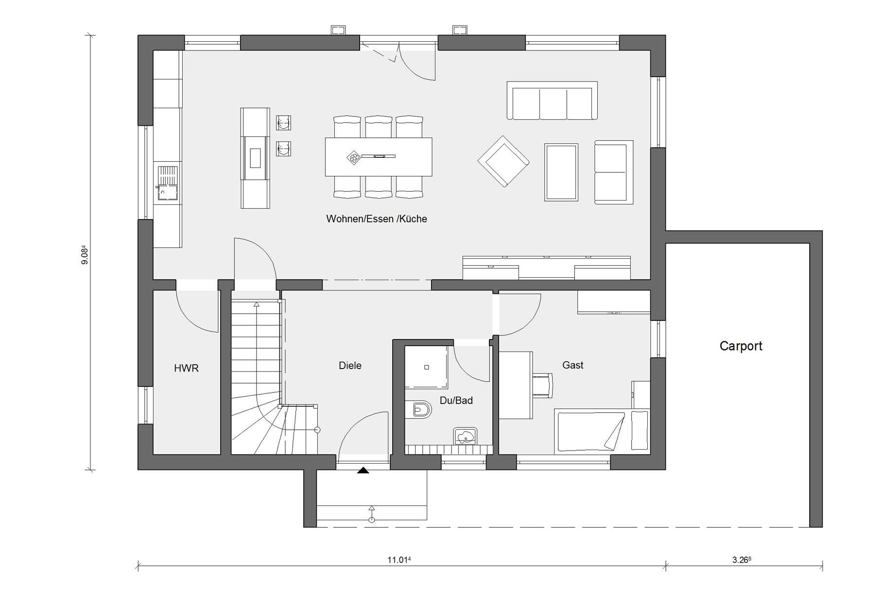 Grundriss Erdgeschoss E 20-167.3 Fertighaus mit Carport