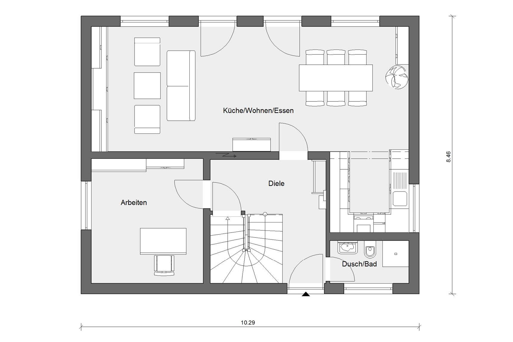 Plan de la planta baja E 15-143.15 Casa con tragaluz con tejado plano