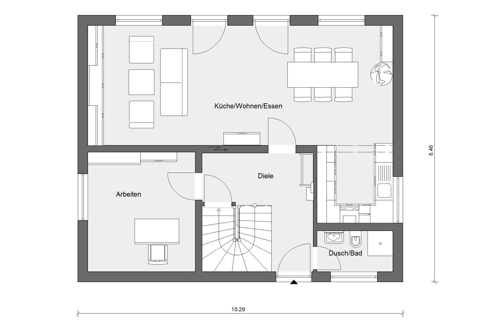 Plan d'étage rez-de-chaussée E 15-143.15 Maison avec toit plat pignon et toit incliné