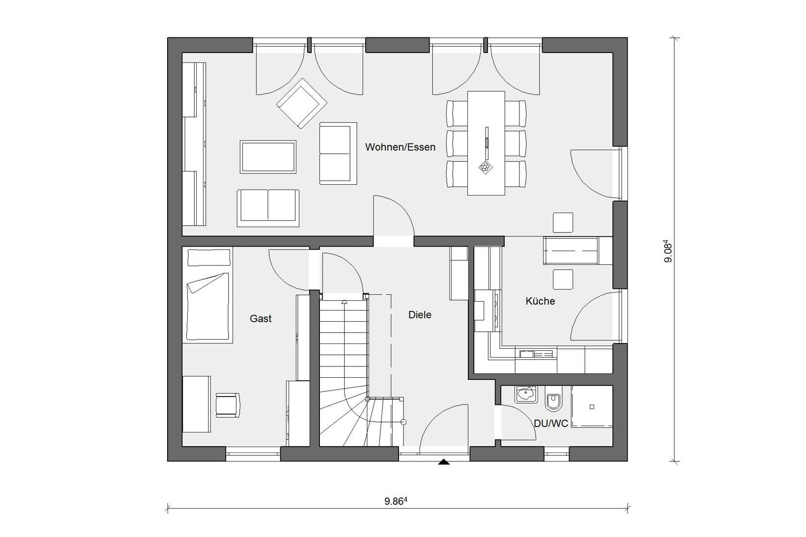 Grundriss Erdgeschoss E 15-149.7 Einfamilienhaus mit versetztem Pultdach