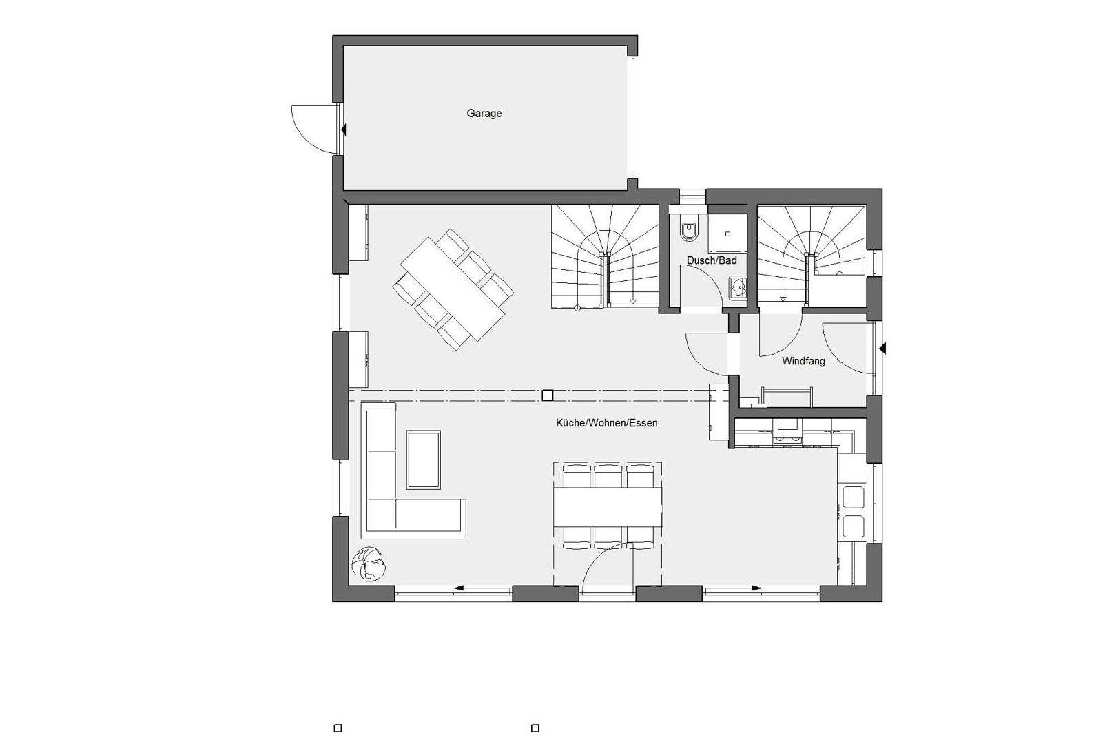 [Translate to Français:] Grundriss Erdgeschoss E 15-155.3 Kreatives Fertighaus 