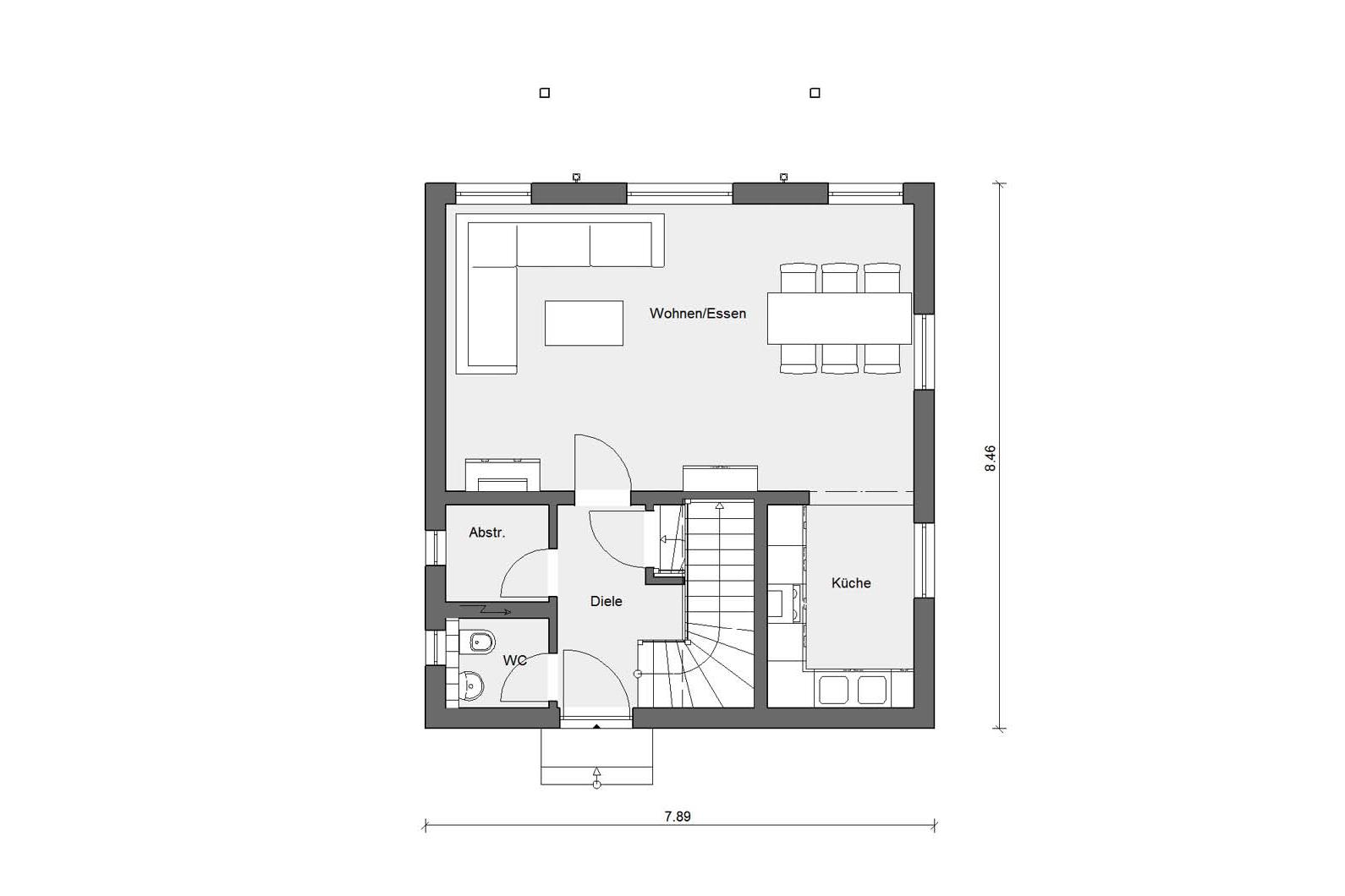 Plan d'étage rez-de-chaussée E 15-108.2 Petite maison préfabriquée avec galerie