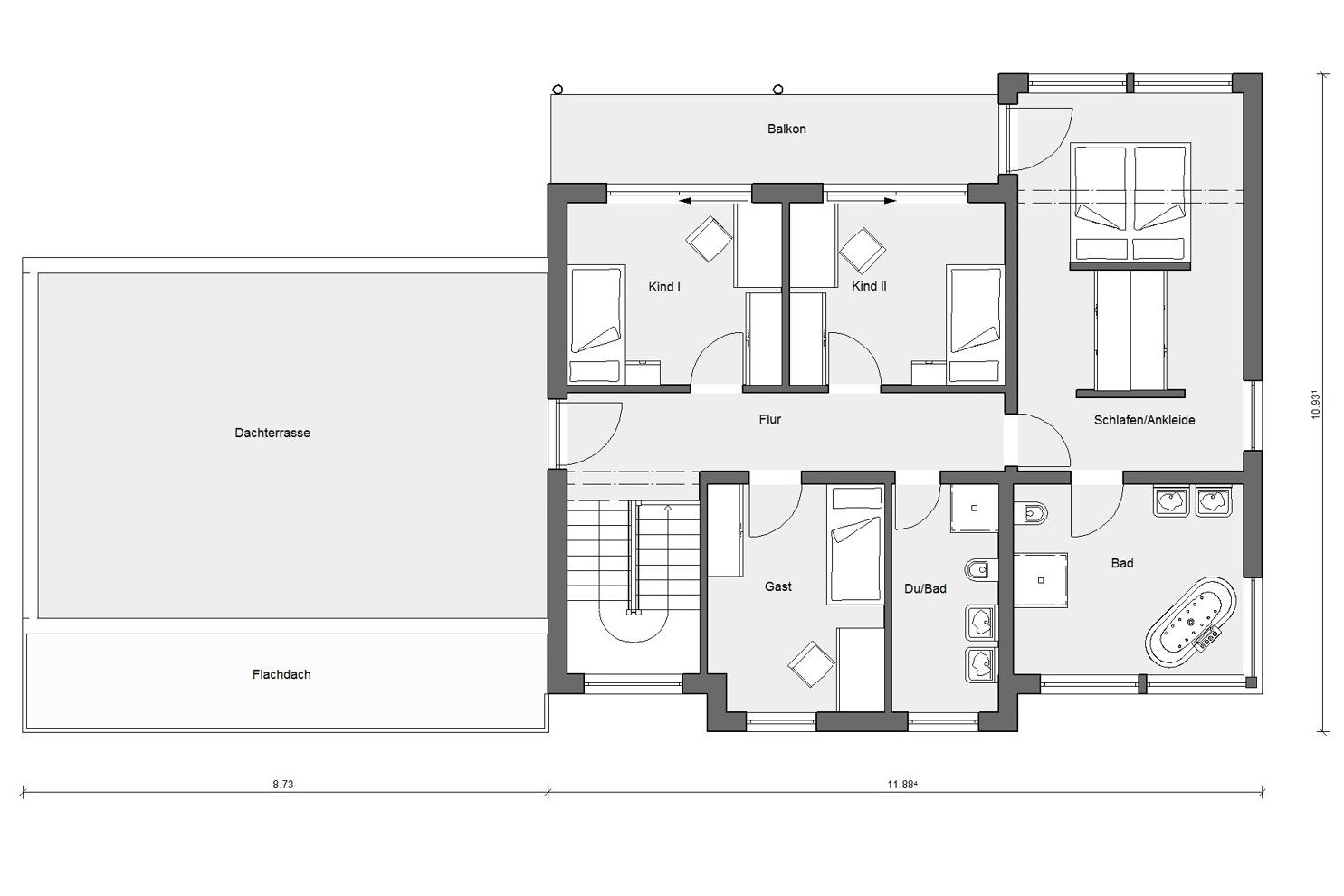 Grundriss Dachgeschoss Einfamilienhaus mit Z-Dach