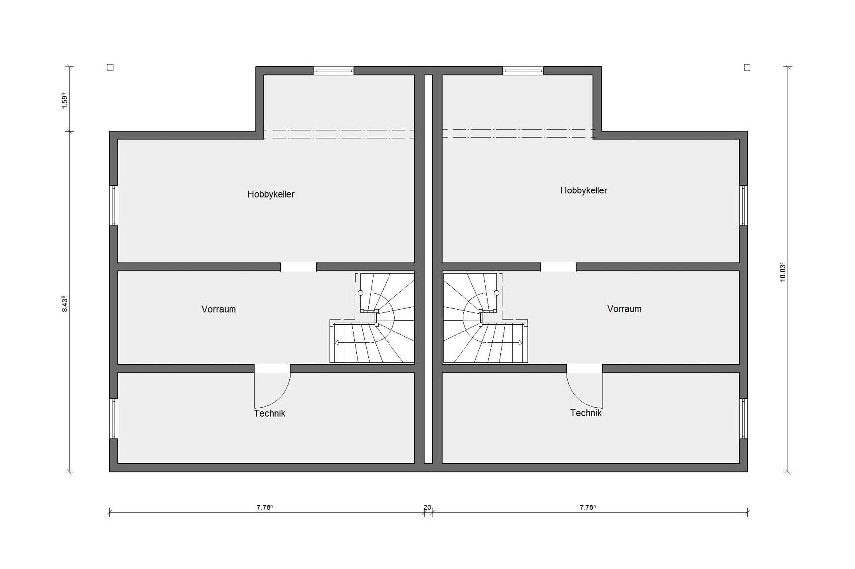 Kellergeschoss Grundriss Doppelhaus mit überdachtem Freisitz