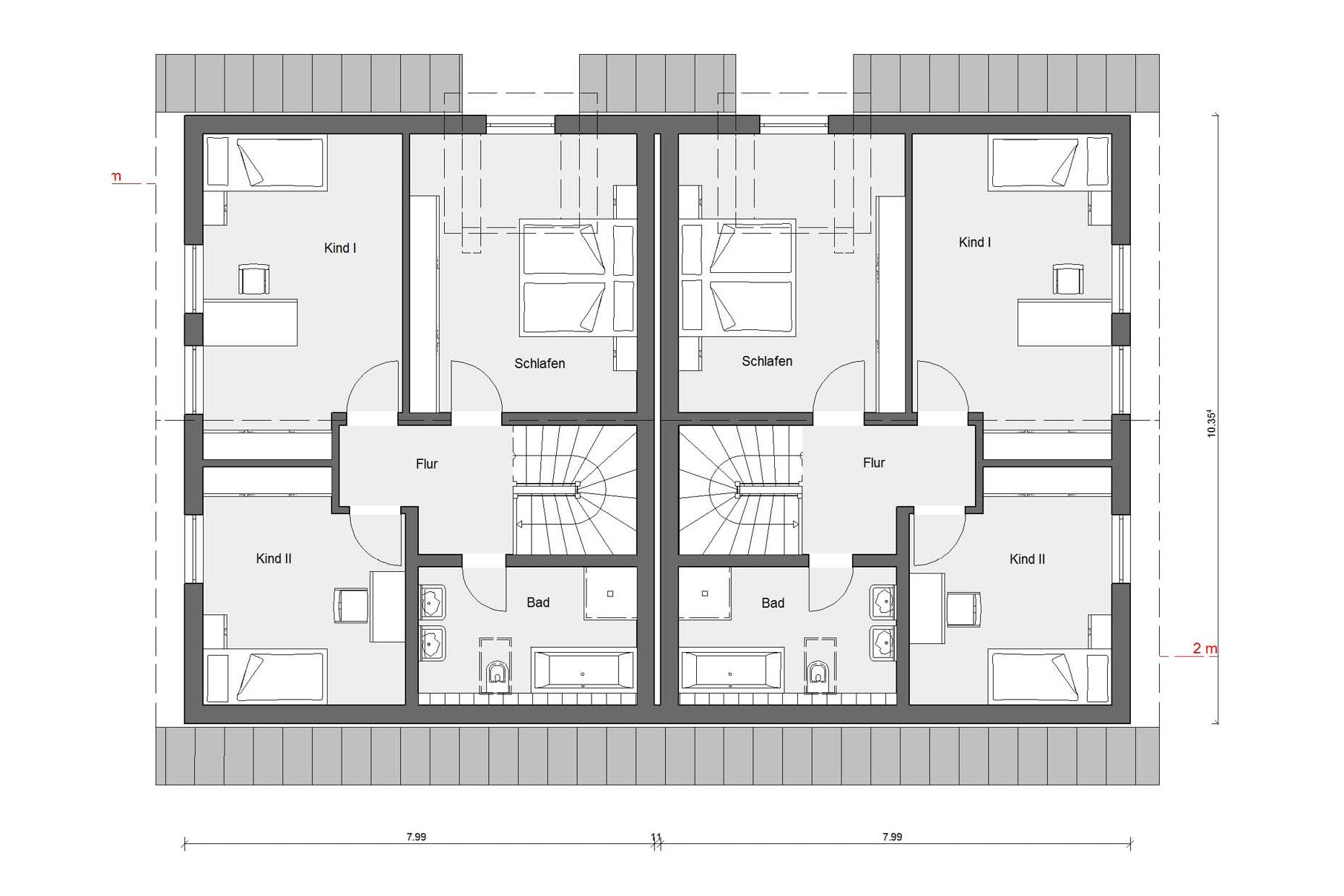 Plan d'étage maison jumelée au grenier avec terrasse couverte