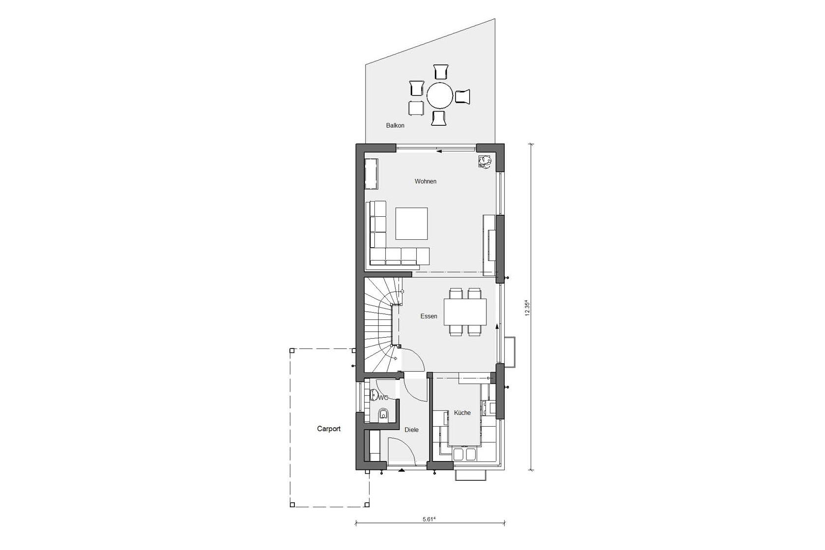 Pianta pianterreno E 15-150.2 Casa dalla forma snella