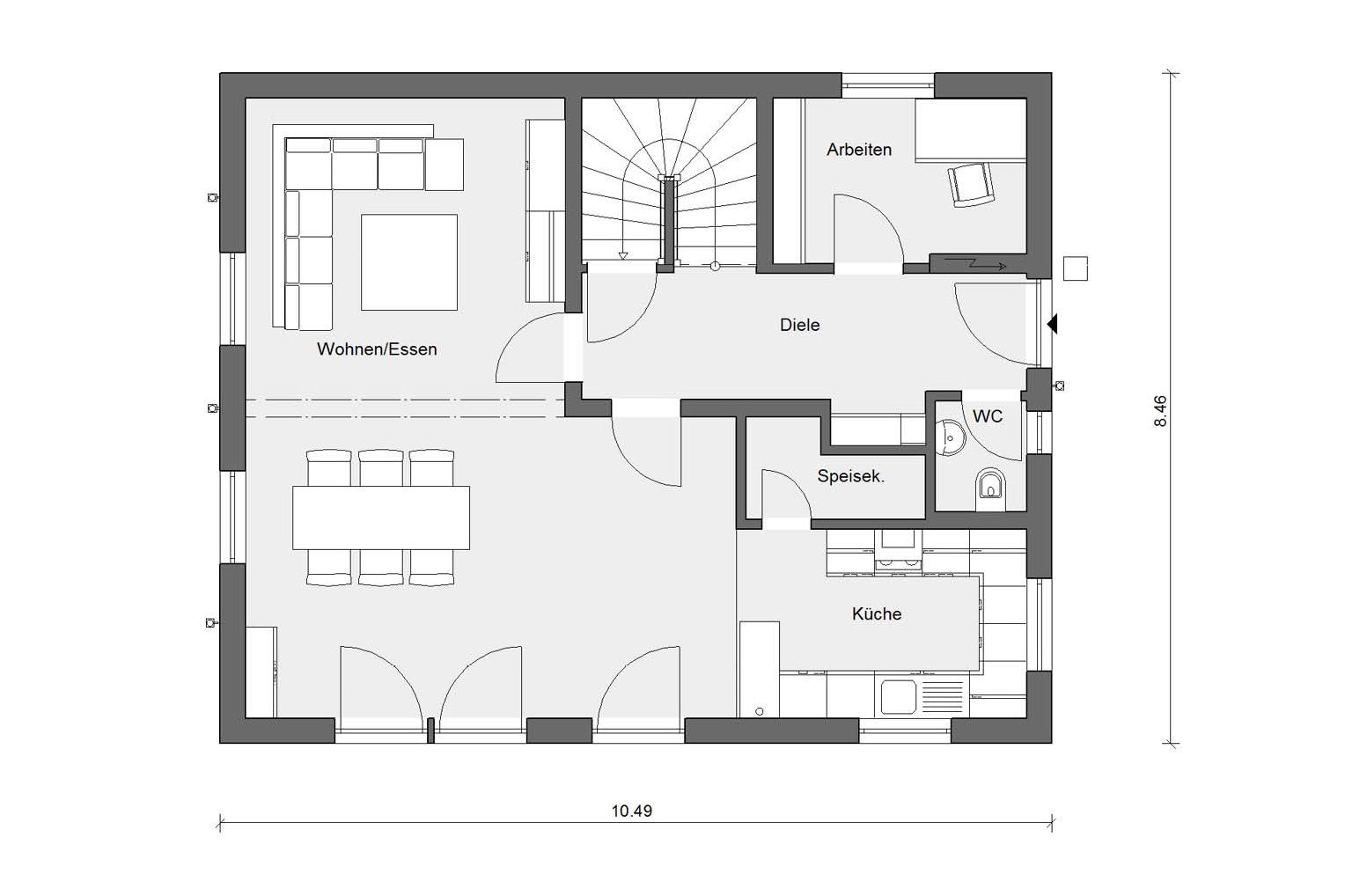 [Translate to Français:] Grundriss Erdgeschoss E 15-147.3 Einfamilienhaus mit Terrasse