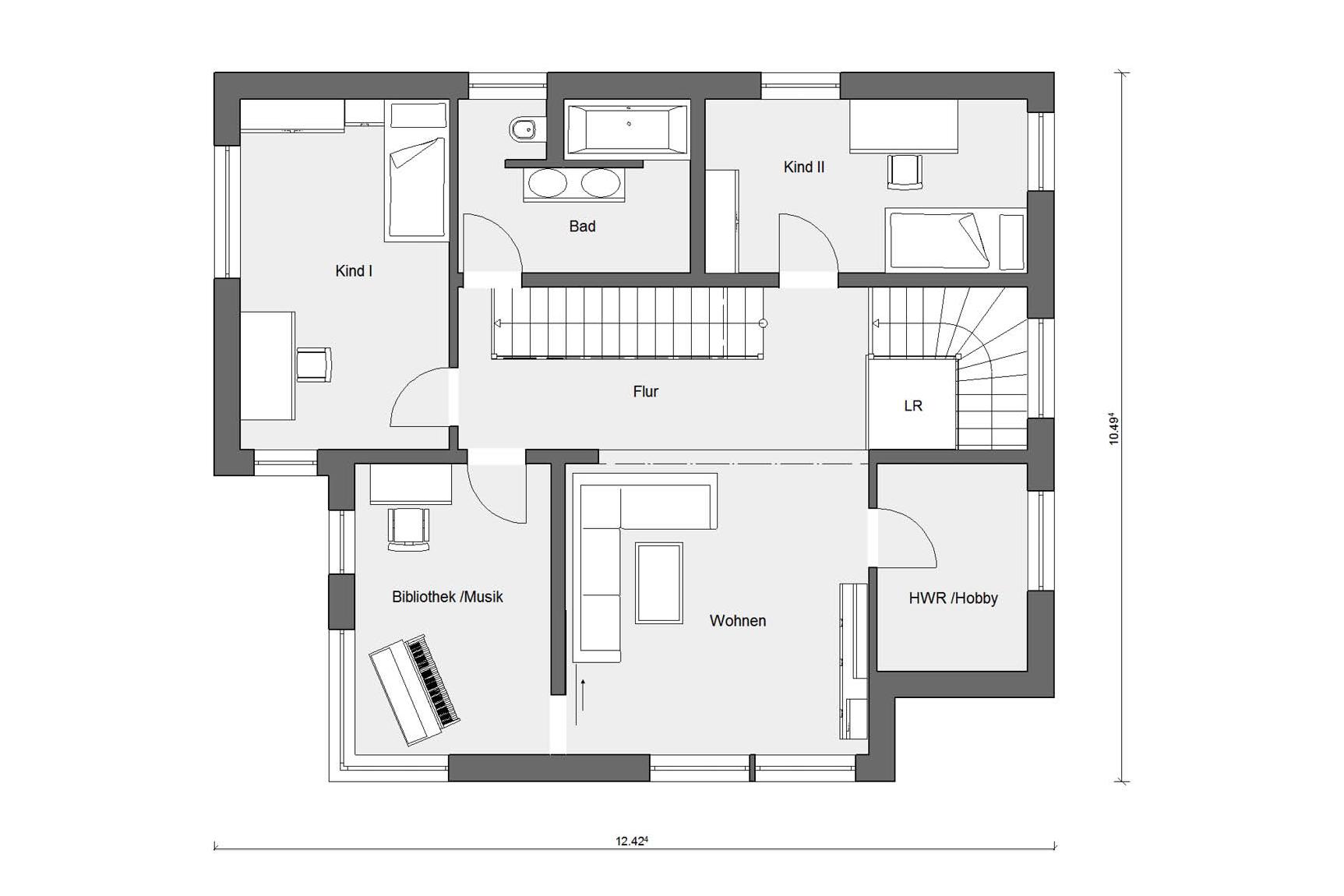 [Translate to Français:] Grundriss Obergeschoss Kubushaus E 20-191.1