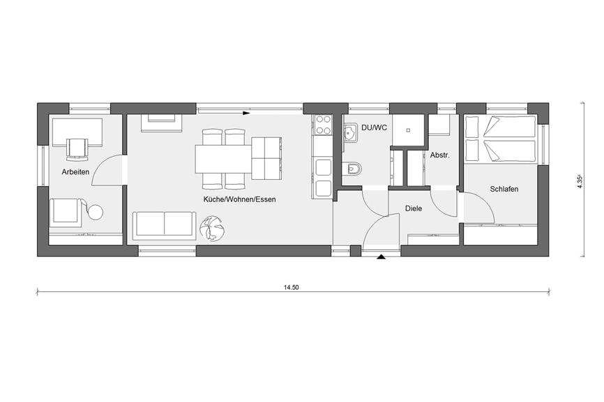 [Translate to Français:] Grundriss Erdgeschoss FlyingSpace E 10-049.10 Minihaus