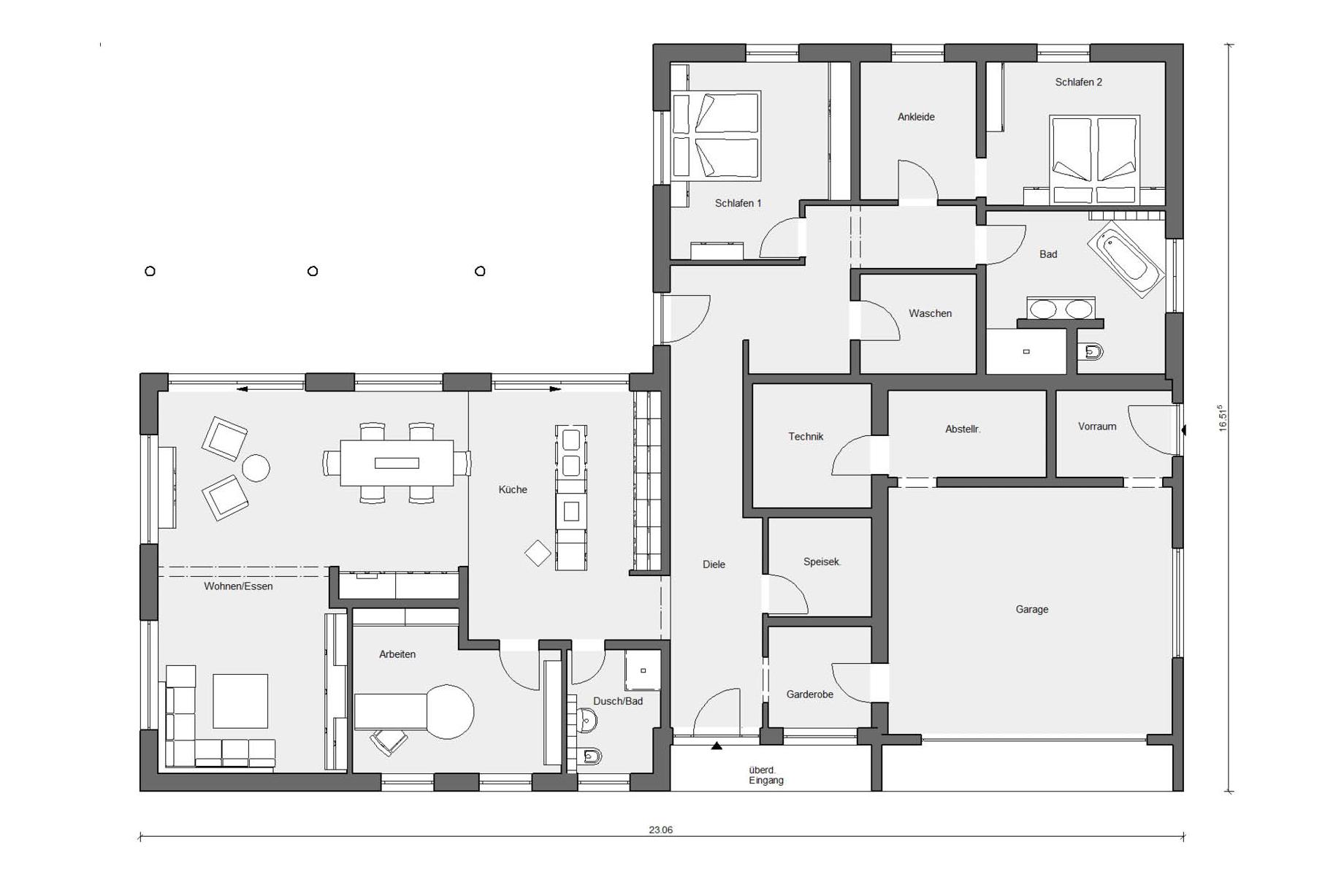 [Translate to Français:] Grundriss Erdgeschoss E 10-206.1 Bungalow in L-Form