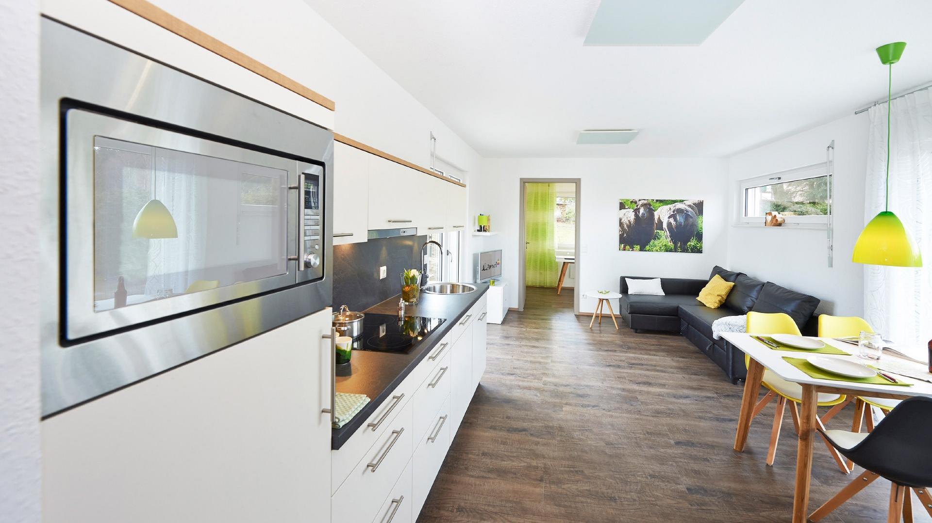 Open kitchen and living room in a tiny house