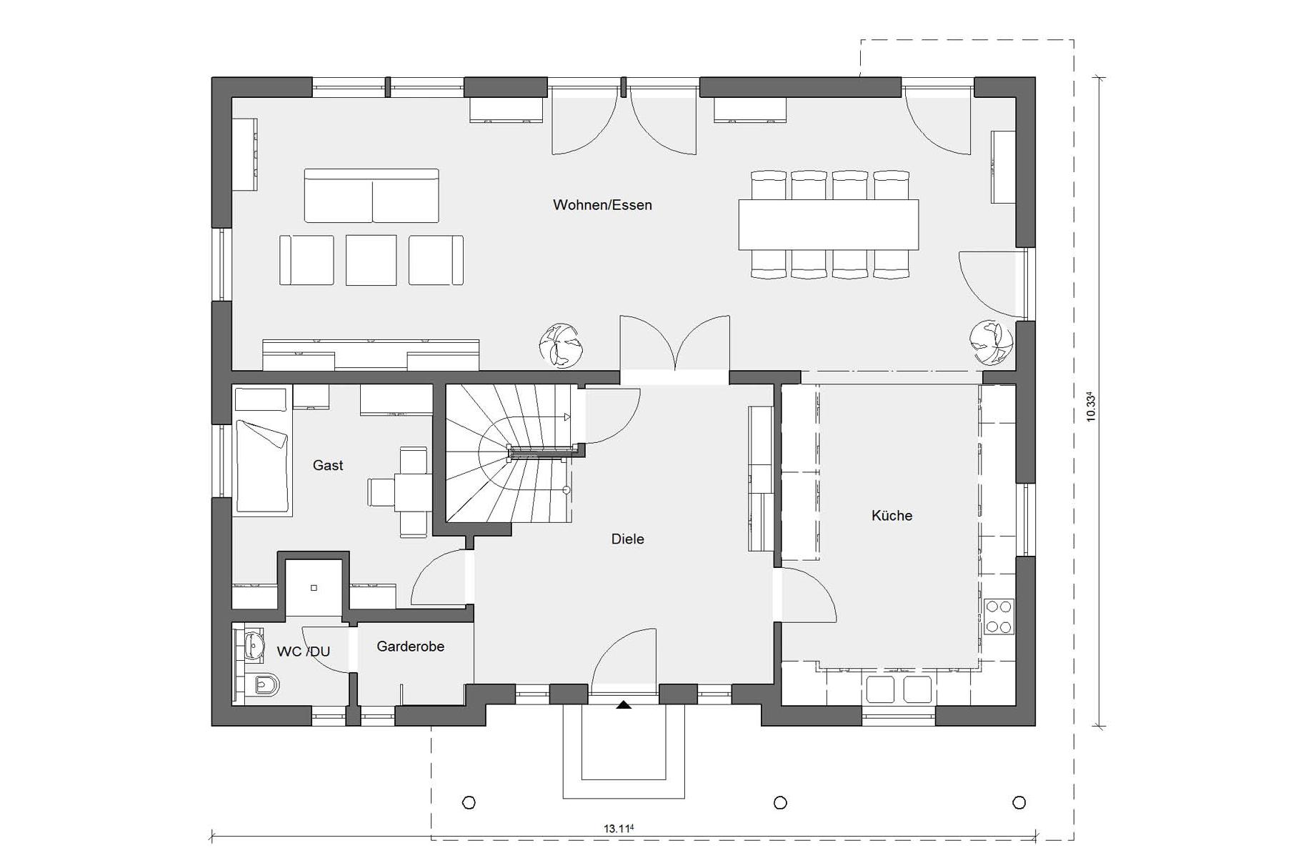 [Translate to Français:] Grundriss Erdgeschoss mediterrane Stadtvilla E 20-204.1