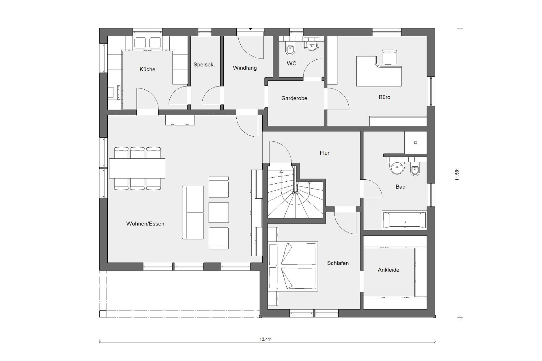 [Translate to Français:] Grundriss Erdgeschoss Flachdach Bungalow E 10-119.2