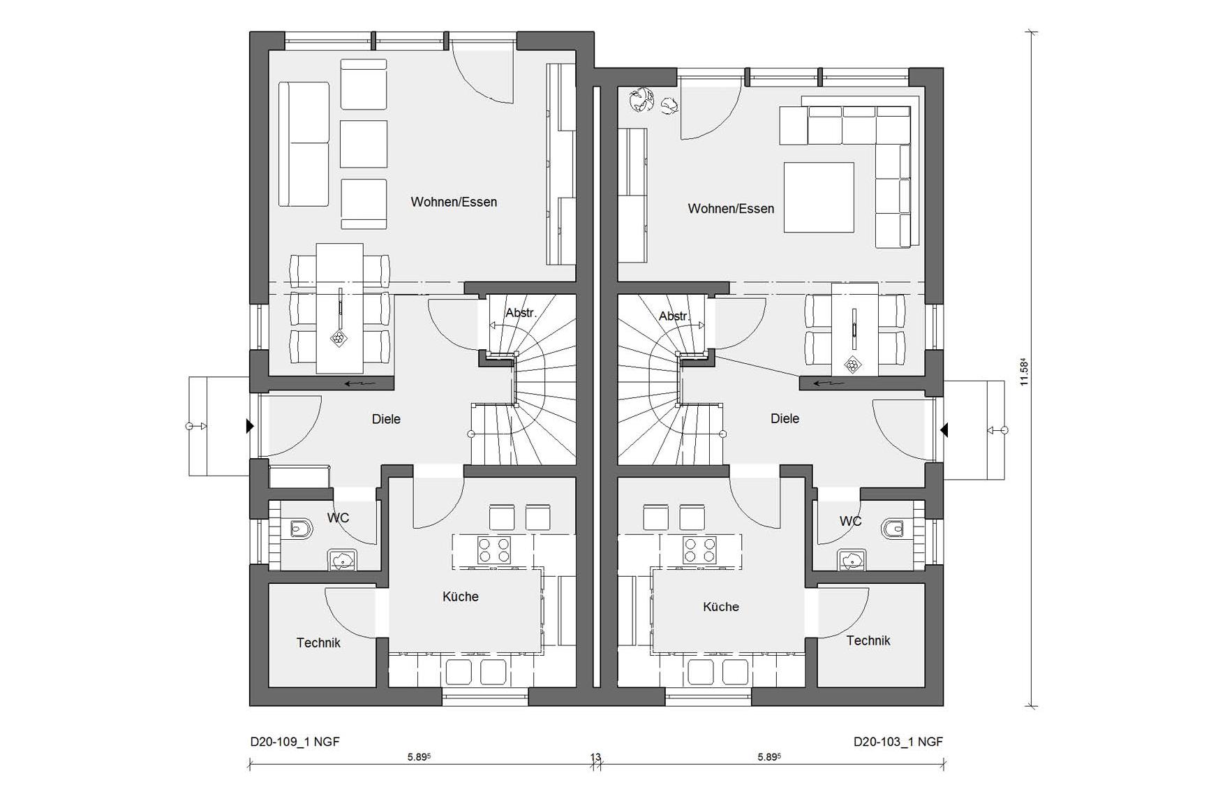 Plan d'étage rez-de-chaussée D 20-109.1/D 20-103.1 Maison jumelée décalée
