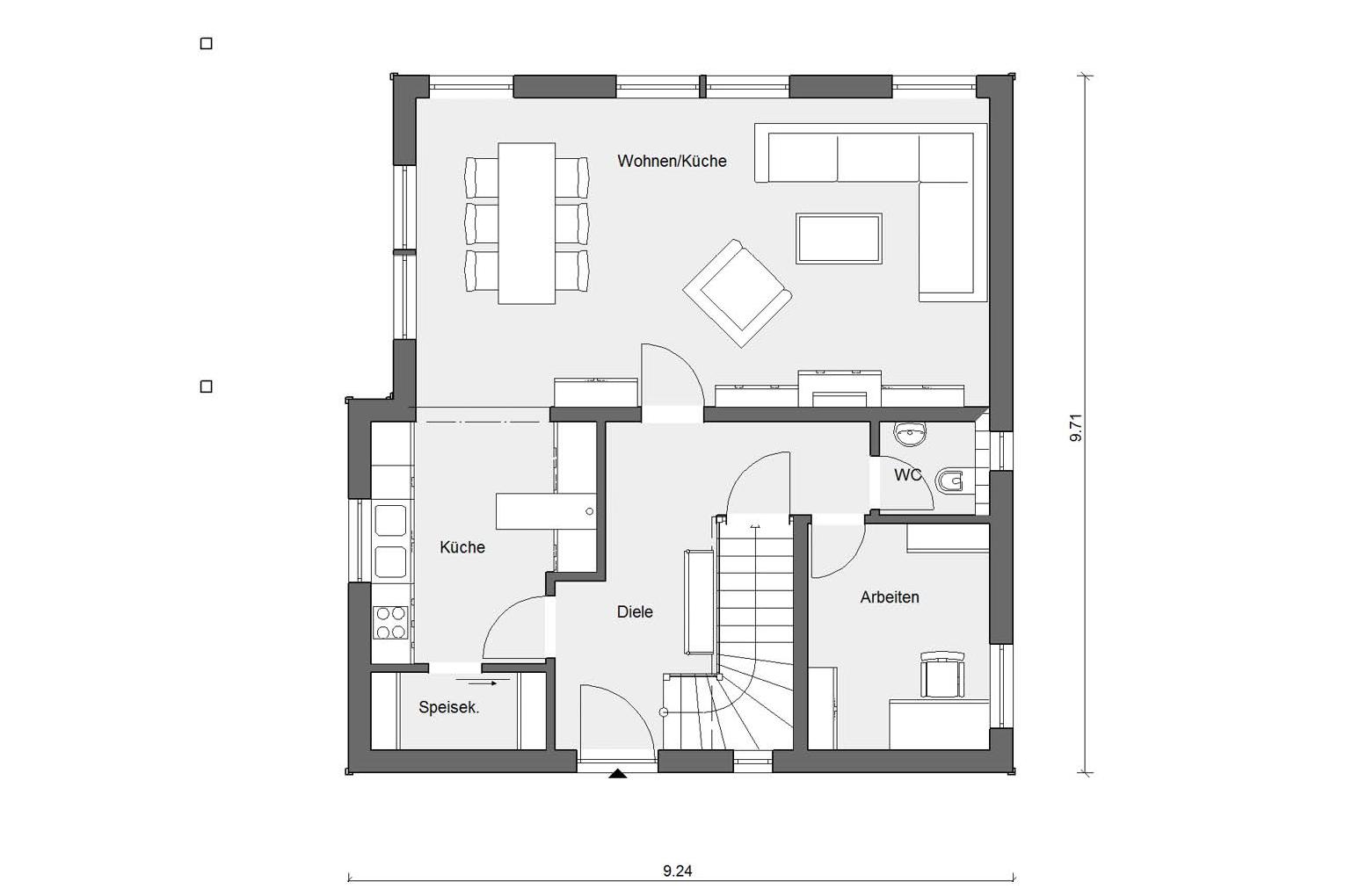 [Translate to Français:] Erdgeschoss Grundriss E 15-143.5 Haus mit Holzfassade