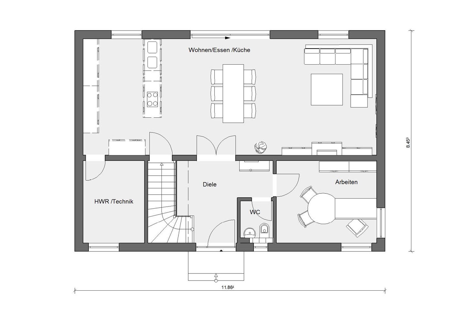 [Translate to Français:] Erdgeschoss Grundriss Fertighaus mit 3 Kinderzimmern E 20-165.6