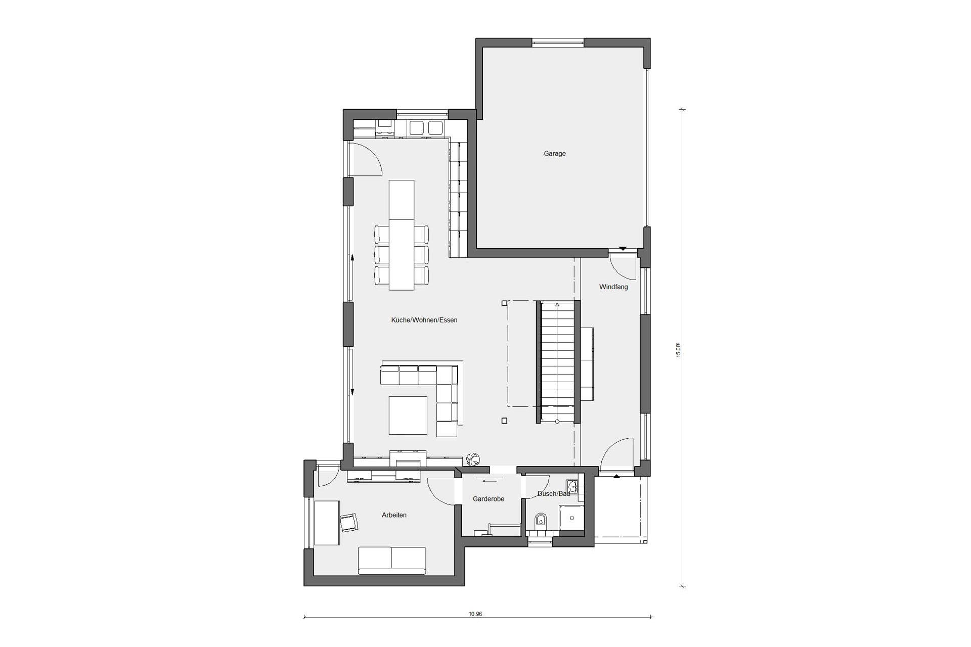 Plano de planta baja casa de estilo Bauhaus con techo plano E 20-207.1