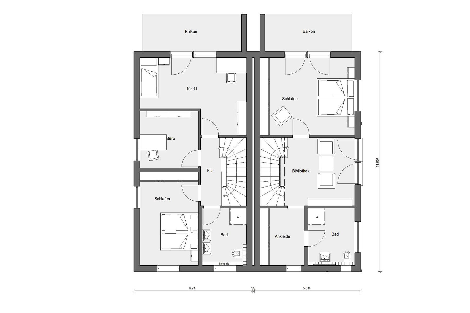 Grundriss Obergeschoss D 20-176.1/ 20-158.1 Doppelhaus dreigeschossig