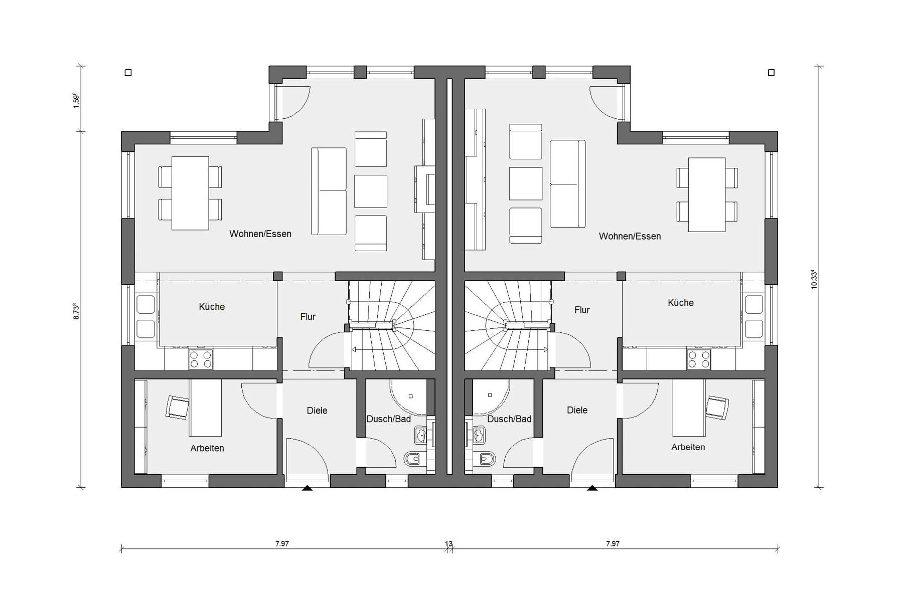 Plan d'étage maison jumelée au rez-de-chaussée avec terrasse couverte