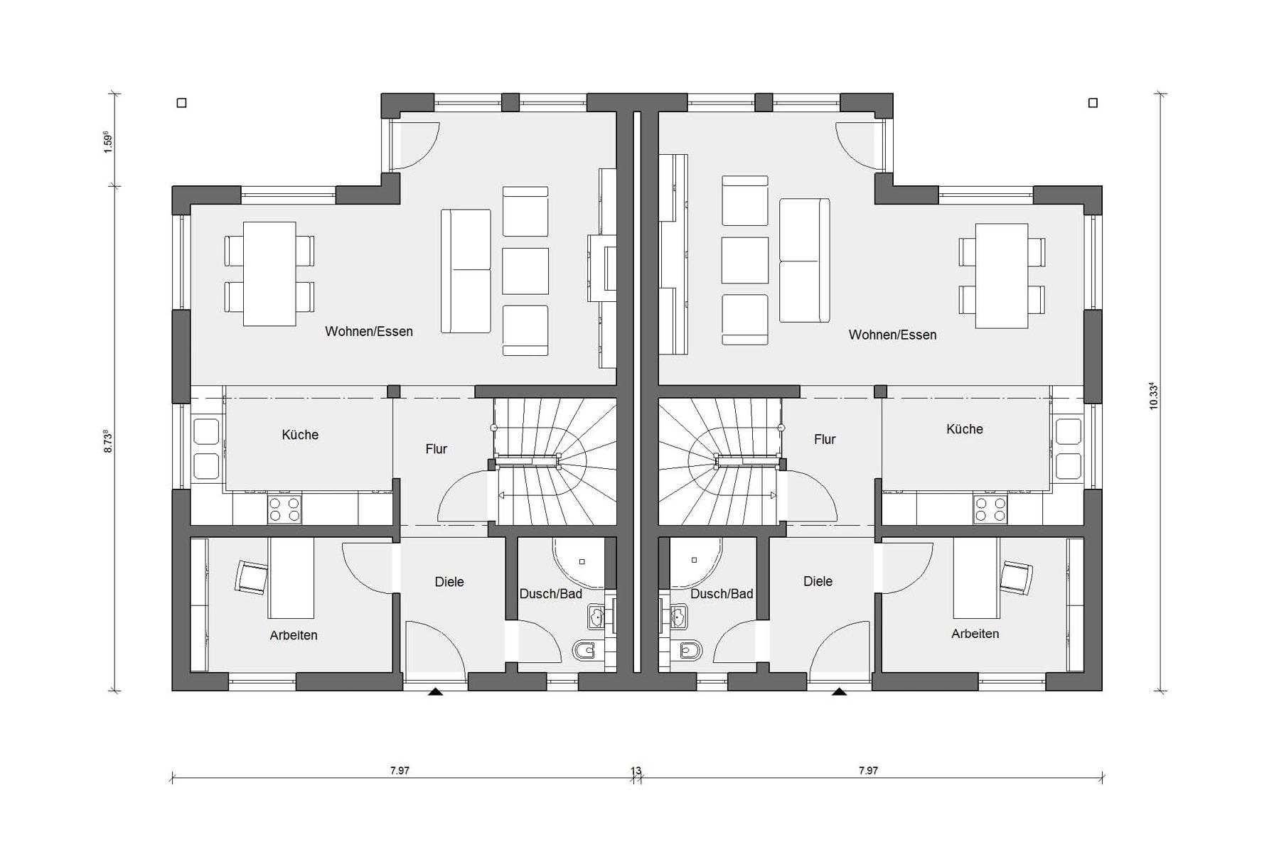 Erdgeschoss Grundriss Doppelhaus mit überdachtem Freisitz