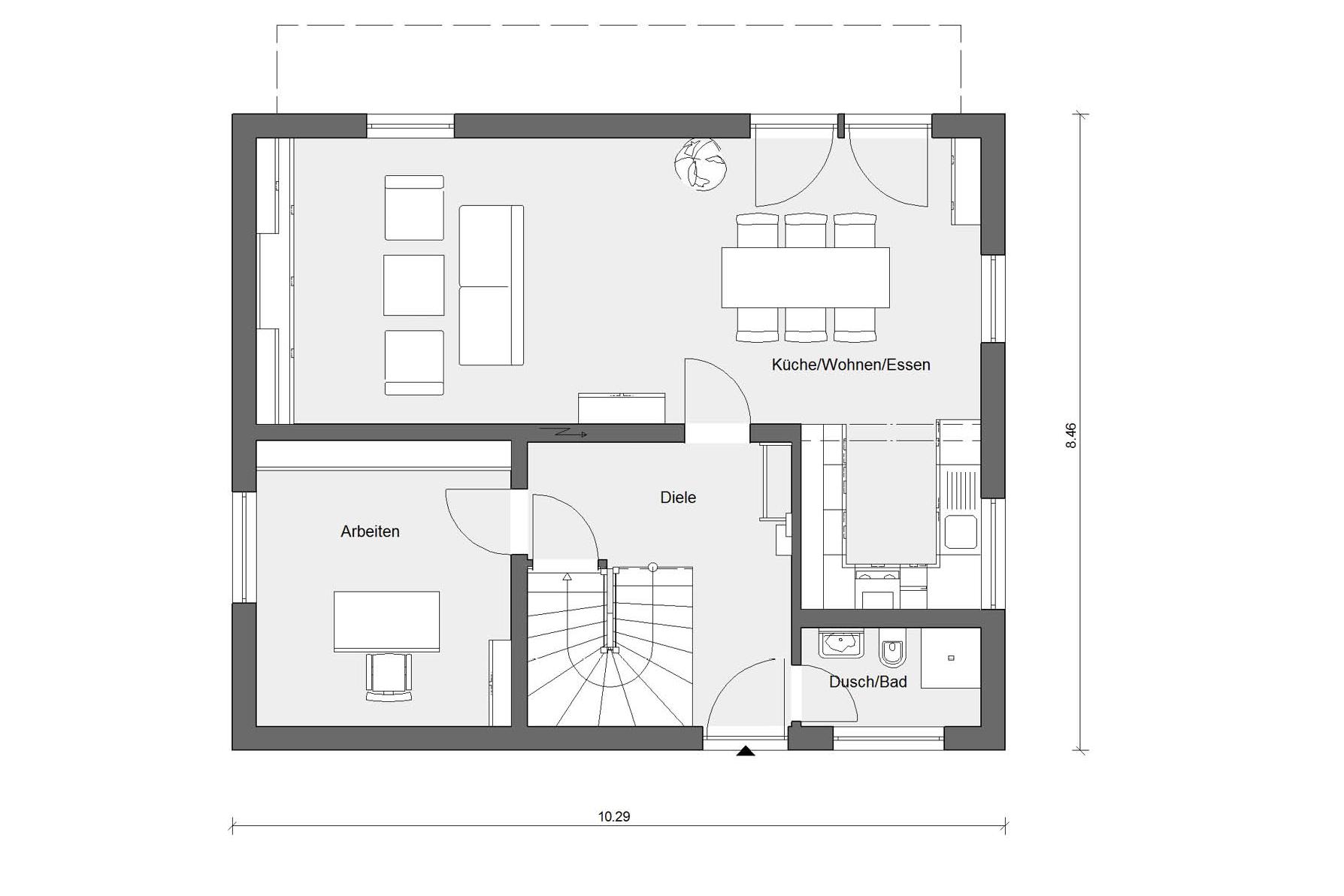 Pianta pianterreno E 15-143.18  Casa con tetto ad una falda