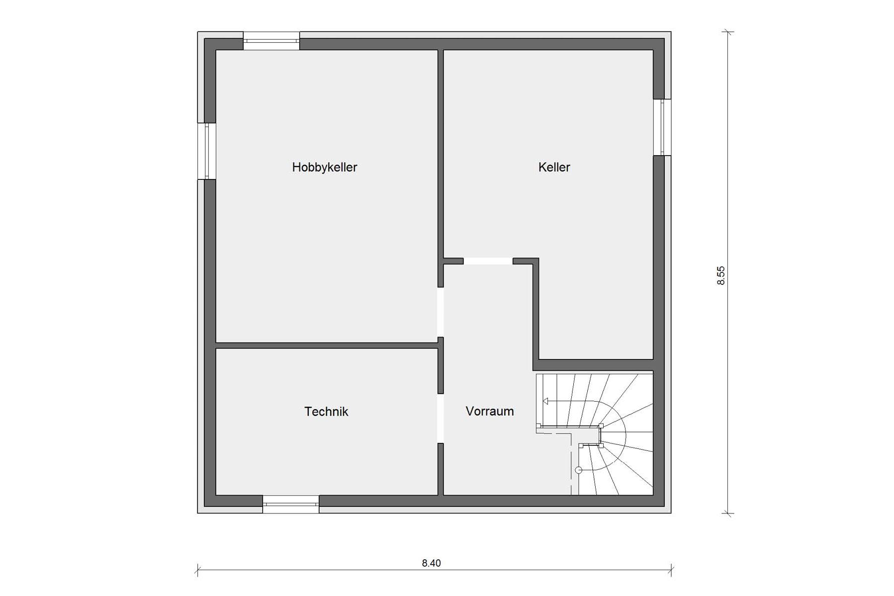 [Translate to Français:] Keller Grundriss Einfamilienhaus Architektur im Bauhausstil E 20-119.1