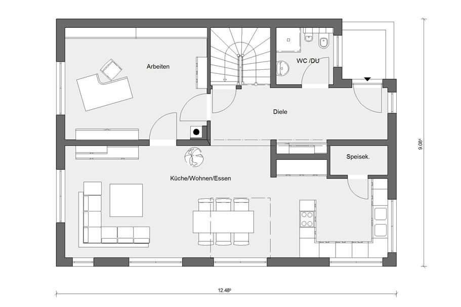 [Translate to Français:] Grundriss Erdgeschoss Kubisches Haus E 20-167.4