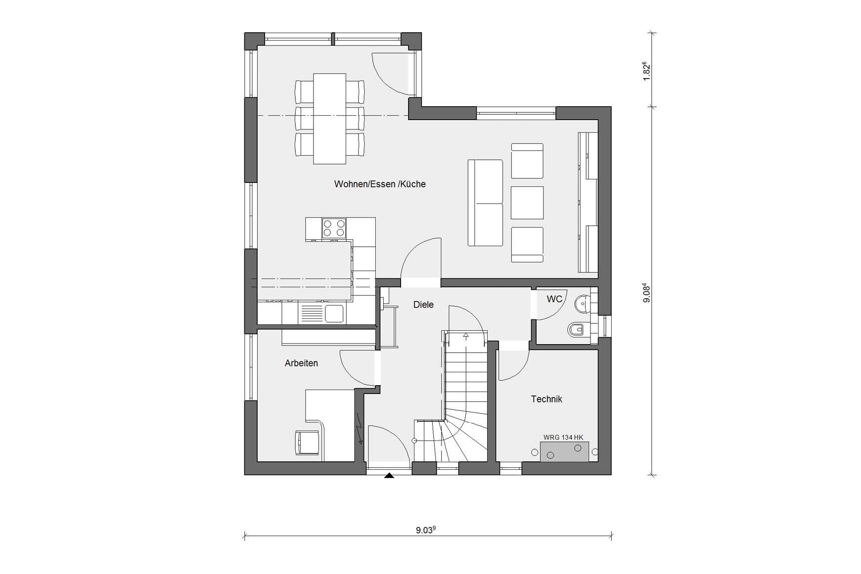 Plan d'étage rez-de-chaussée E 15-141.3 Maison à îlot solaire de campagne