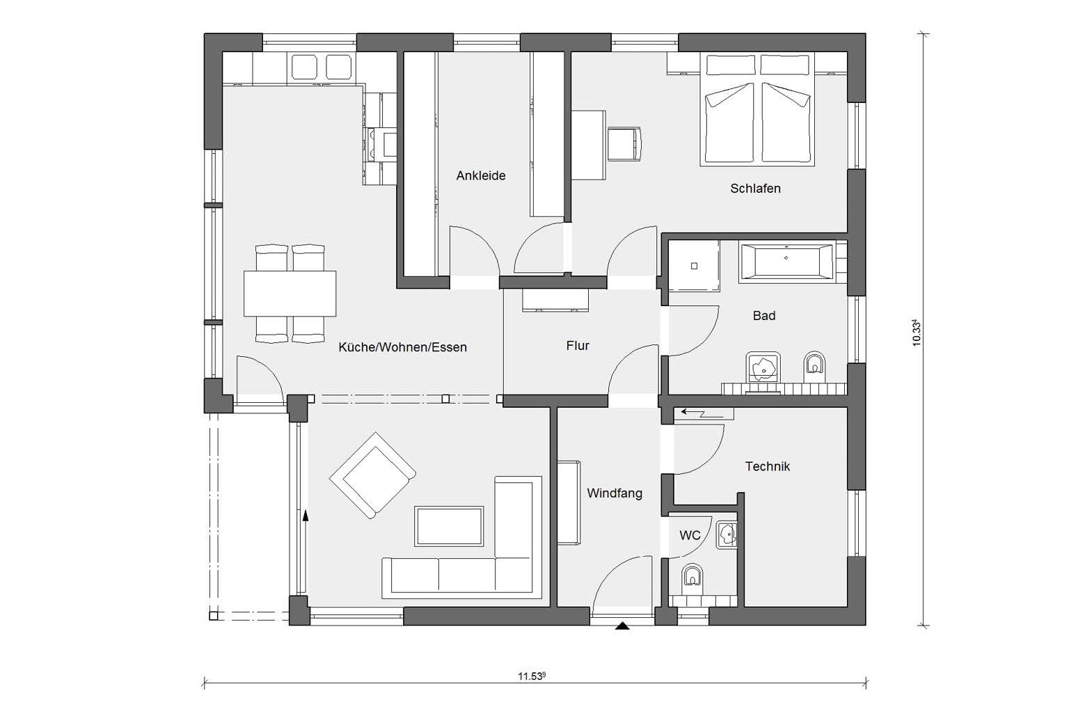 [Translate to Français:] Grundriss Erdgeschoss E 10-095.1 Bungalow ebenerdig