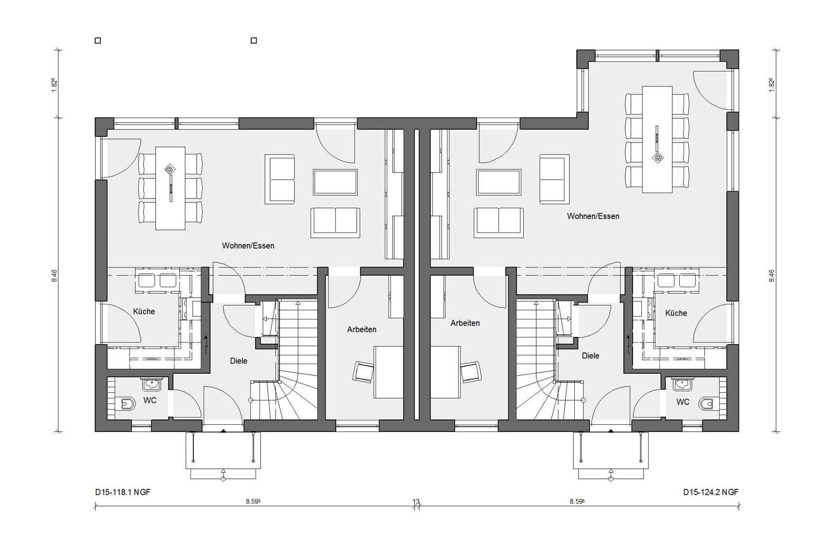 [Translate to Français:] Grundriss Erdgeschoss D 15-118.1/ D 15-124.2 Doppelhaus Fertighaus 